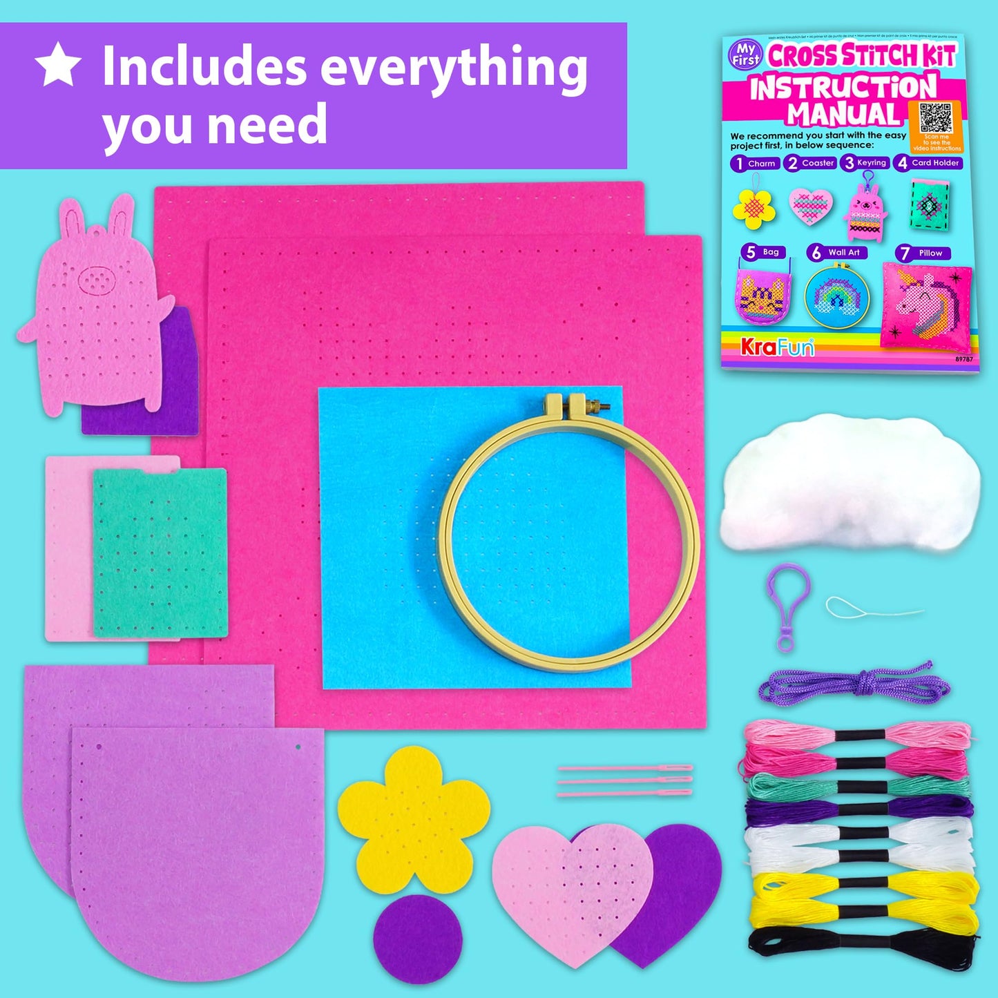 KRAFUN My First Cross Stitch Kit for Kids Age 5+, 6 Beginner Embroidery Projects, Arts & Crafts Gift for Girls & Boys, DIY Felt Keyring Bag Pillow Coaster Card Holder Wall Art