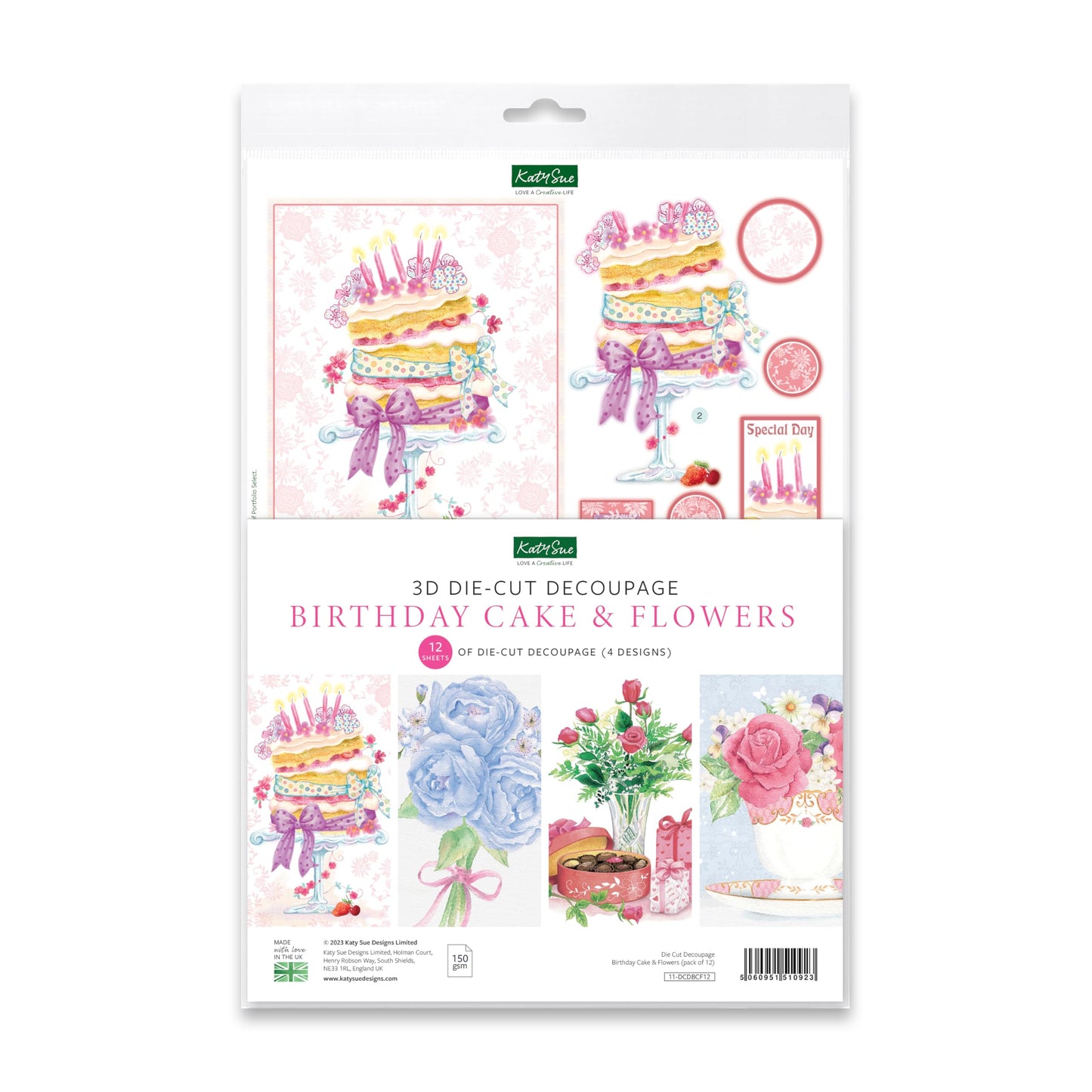 Katy Sue Designs Birthday Cake & Flowers 3D Die-Cut Decoupage Sheets for Card Making. A Pack of 12 Sheets of Birthday & Floral-Themed Die Cuts for Card Making Supplies & Scrapbooking