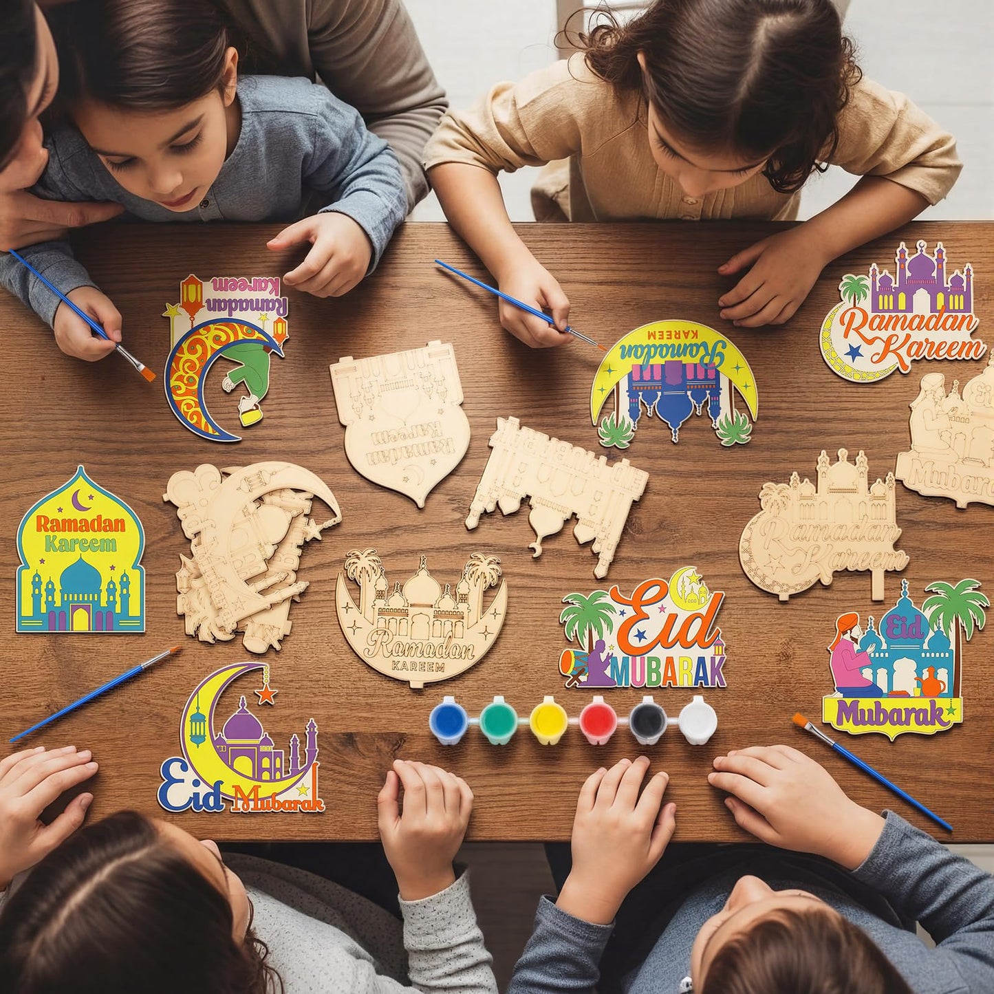 DoubleFill 16 Pcs Wooden Islamic Crafts, DIY Mubarak Tabletop Signs with Paint Strips and Brushes, Paint Your Own Muslim School Classroom Art Activity Kit for Mosque Party Home Decor, Back to School