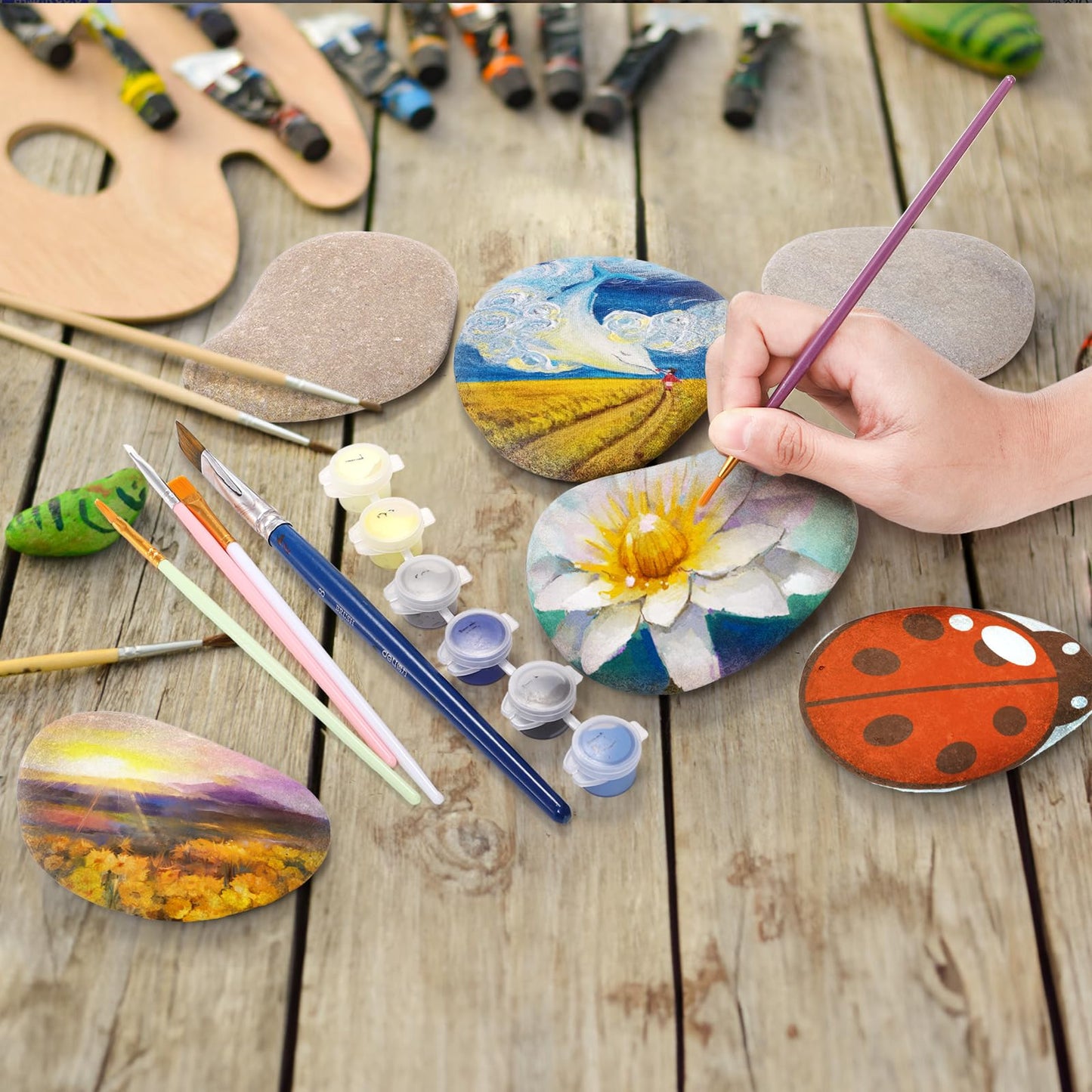 Mezchi 15 Pack Extra Large Flat River Rocks, 3.1-4.7 Inch Smooth Painting Stones, Rock Painting Kit for DIY Arts& Crafts