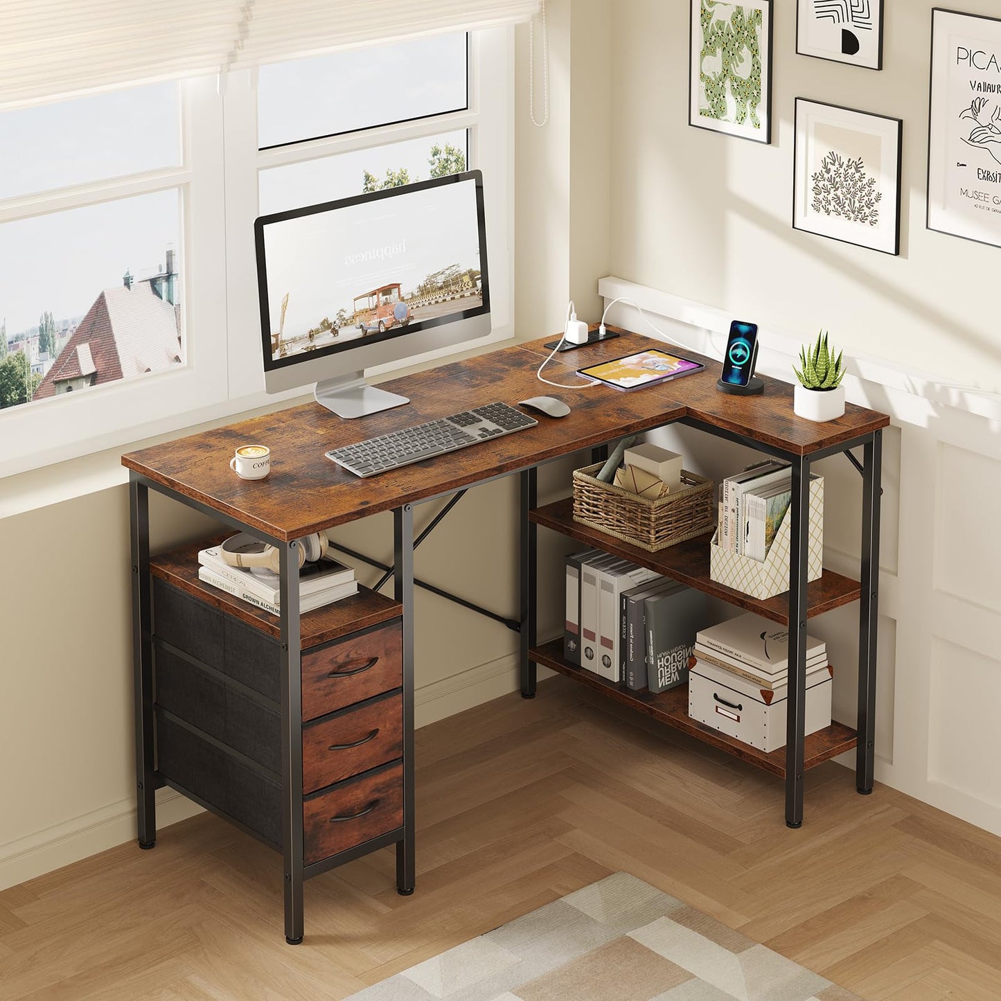 DUMOS L Shaped Desk with Shelf Drawers 47 Inch, Brown Corner Computer Desks Gaming with Power Outlet, Study Table with Adjustable Shelves, Home Office Tables for Bedroom Teacher Reading Writing