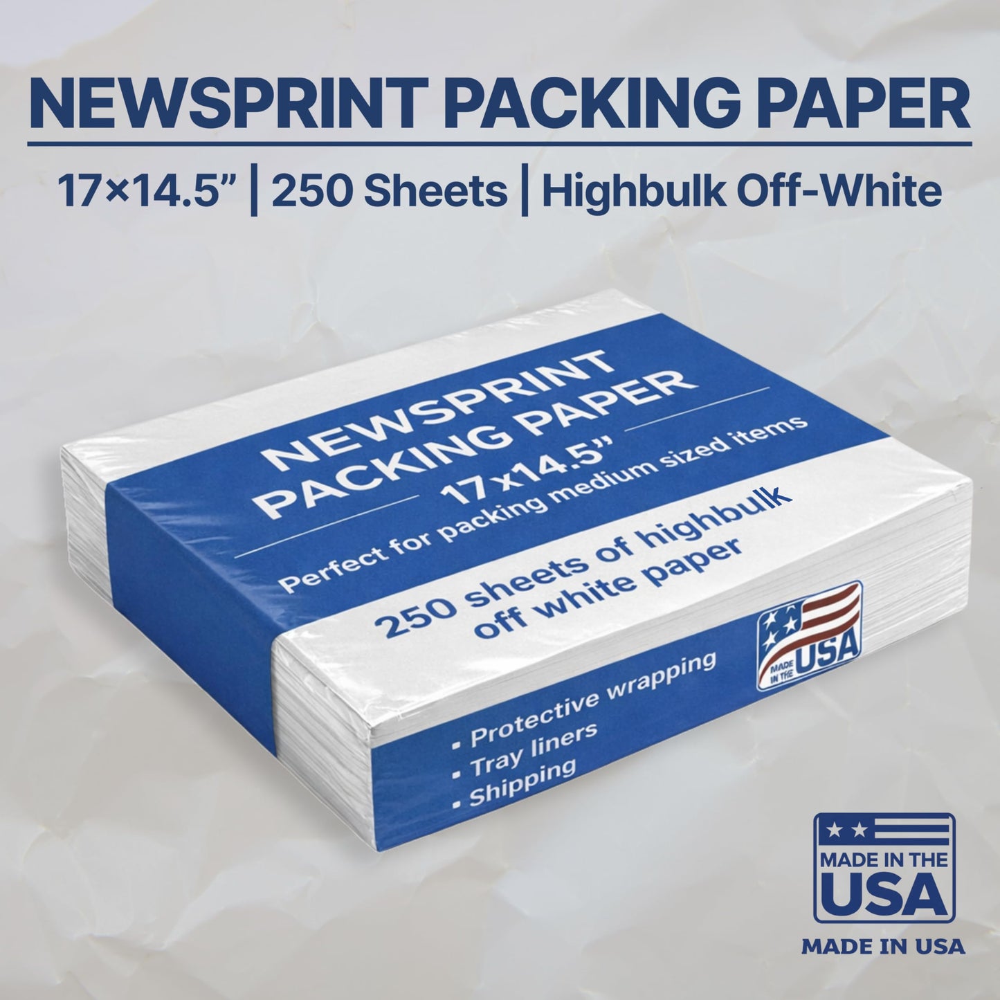 Newsprint Packing Paper Sheets for Moving – 250 newspaper-style sheets ideal for wrapping and protecting fragile items, filling boxes, and general shipping needs – 17" x 14.5" – Made in the USA