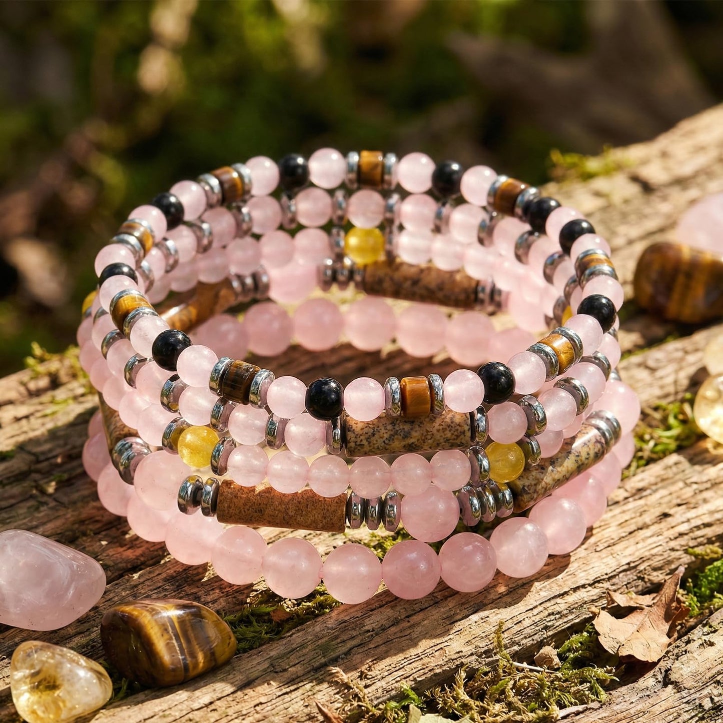 SHINUS BOHO Rose Quartz Beaded Stack Bracelet for Women,Natural Pink Crystal Beads Boho Multi-Layer Stretch Bracelet, Stackable Tiger Eye Picture Jasper Jewelry Gift for Her Love Harmony