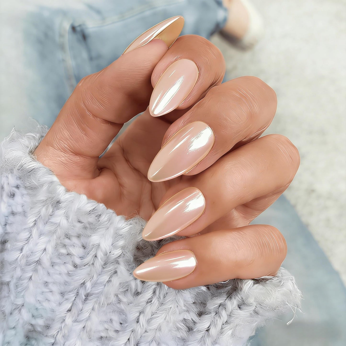 Nude Pink Press On Nails Almond - KQueenest Chrome Press On Nails Medium, Pearlescent Peach Fake Nails Press ons, Glitter Glue on Nails Medium Stiletto, Glazed Gel Stick On Nails for Women, 24 Pcs