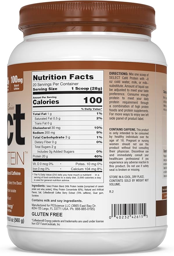 PEScience Select Cafe Coffee Protein Powder, Caramel Macchiato, 20 Servings, Whey and Casein Blend, Natural Caffeine, Clean Isolate Protein for Women and Men, Iced or Hot