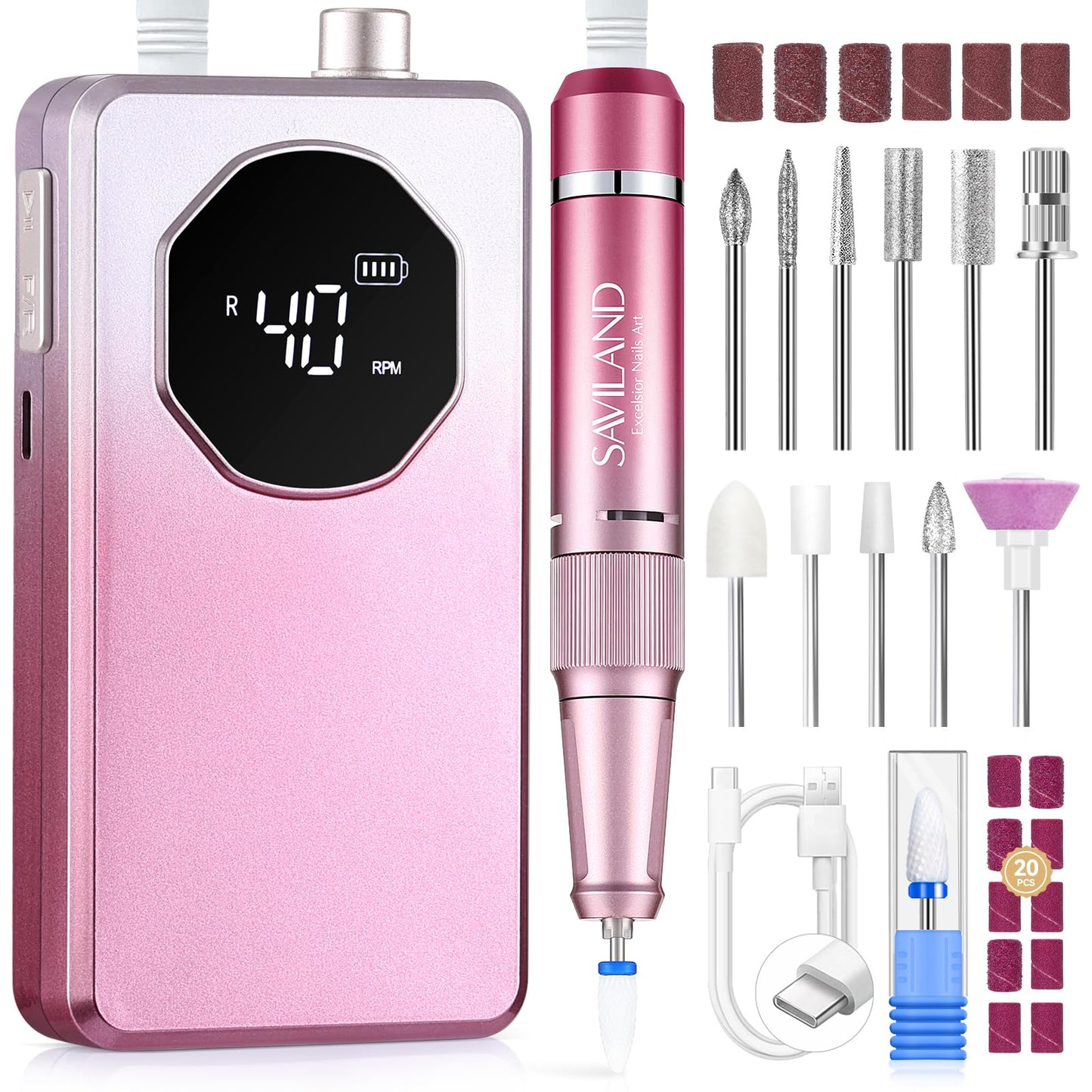 SAVILAND 2026 Electric Nail Drill Professional: 40000RPM 30-Second Removal & All-Day Runtime, Nail File with LED Display & Complete Bits Set for Acrylic, Dip Nails, Salon & Home Use (Gradient Pink)