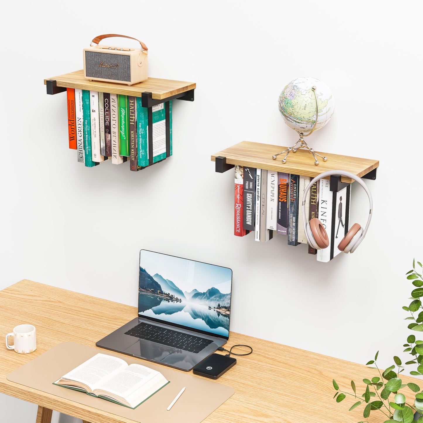 NANATI 2 Set of Floating Bookshelf, Pine Wood Invisible Bookshelf, Hanging Bookshelves for Wall, Unique Space Saving Wall Bookcase (16.5L×8.7W×1.5H)