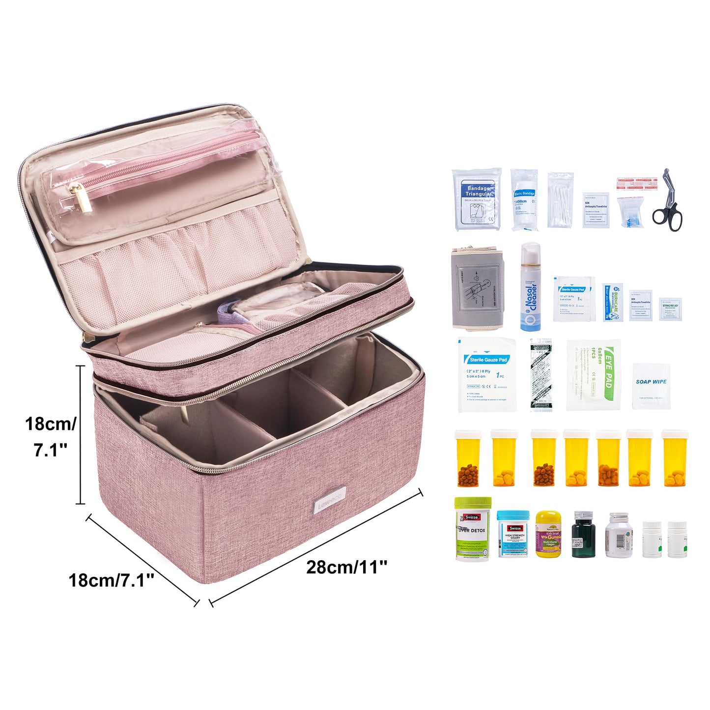 Lexeeco Medicine Storage Bag Pill Bottle Organizer with Portable Small Pouch Travel Medication Bottle Organizer for Emergency Home First Aid Box Kit (Pink)