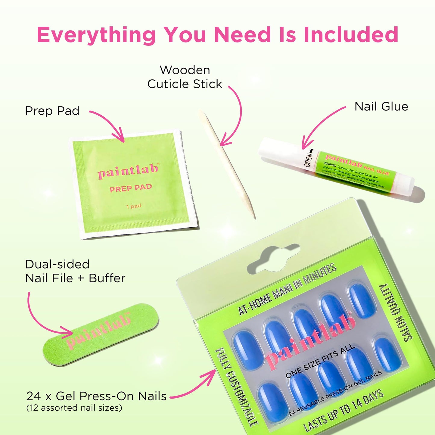 PaintLab Press-On Nails Manicure Kit, Blue Boom Oval, 24-Piece Set, Long-Lasting Fake Nails with Glue, File, Prep Pad & Cuticle Stick