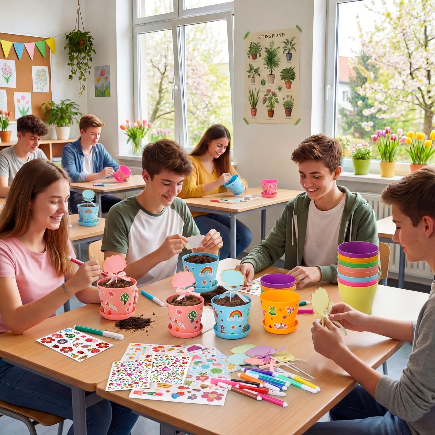 Funnymoom 48 Pcs Garden Plastic Paintable Flower Pot Craft Kit DIY Painting Flower Pots with Watercolor Stickers Pipe Cleaners Growing Kits for Home Summer Mother's Day Fun Activity (Clean)