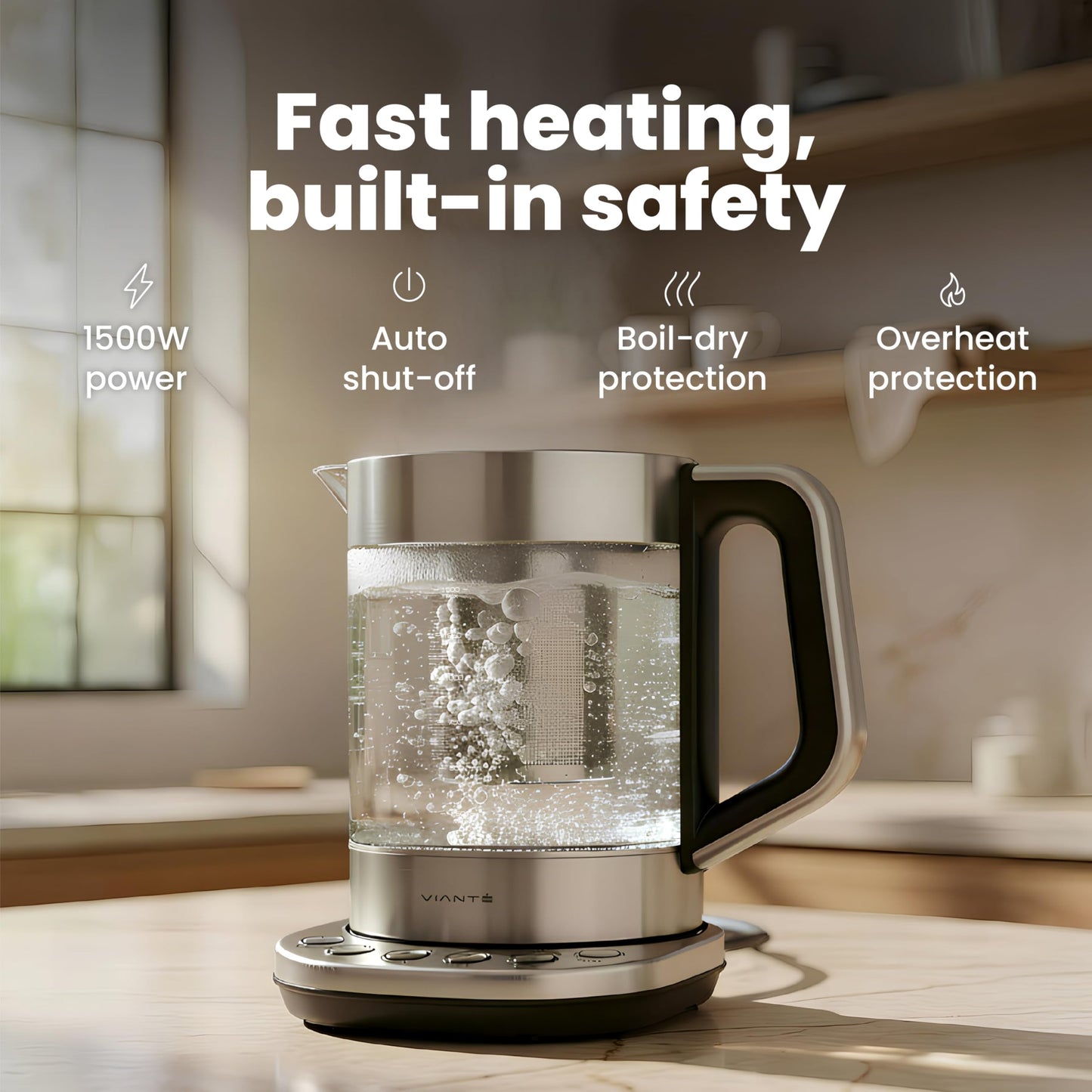 Vianté Electric Tea Kettle With Infuser for Loose Leaf, No Plastic In Contact With Water, Hot Tea Maker with Temperature Control, Automatic Shut Off, 1.5L Borosilicate Glass