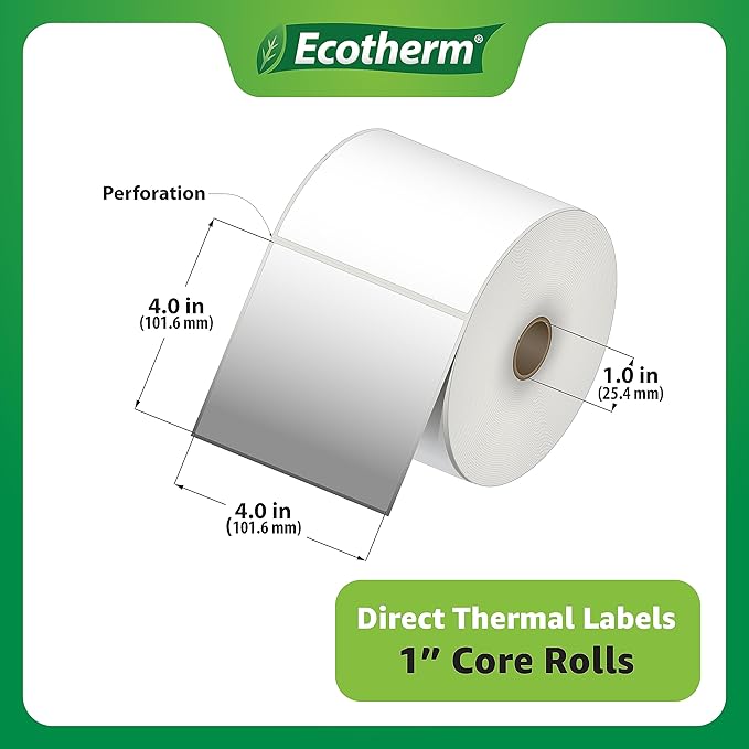 4" x 4" Thermal Labels | 6 Rolls | 4200 Labels | fits Zebra, Munbyn, Rollo, Godex, Arkscan, iDPRT, Offnova Thermal Label Printers and More | Blank White Adhesive Stickers by Ecotherm