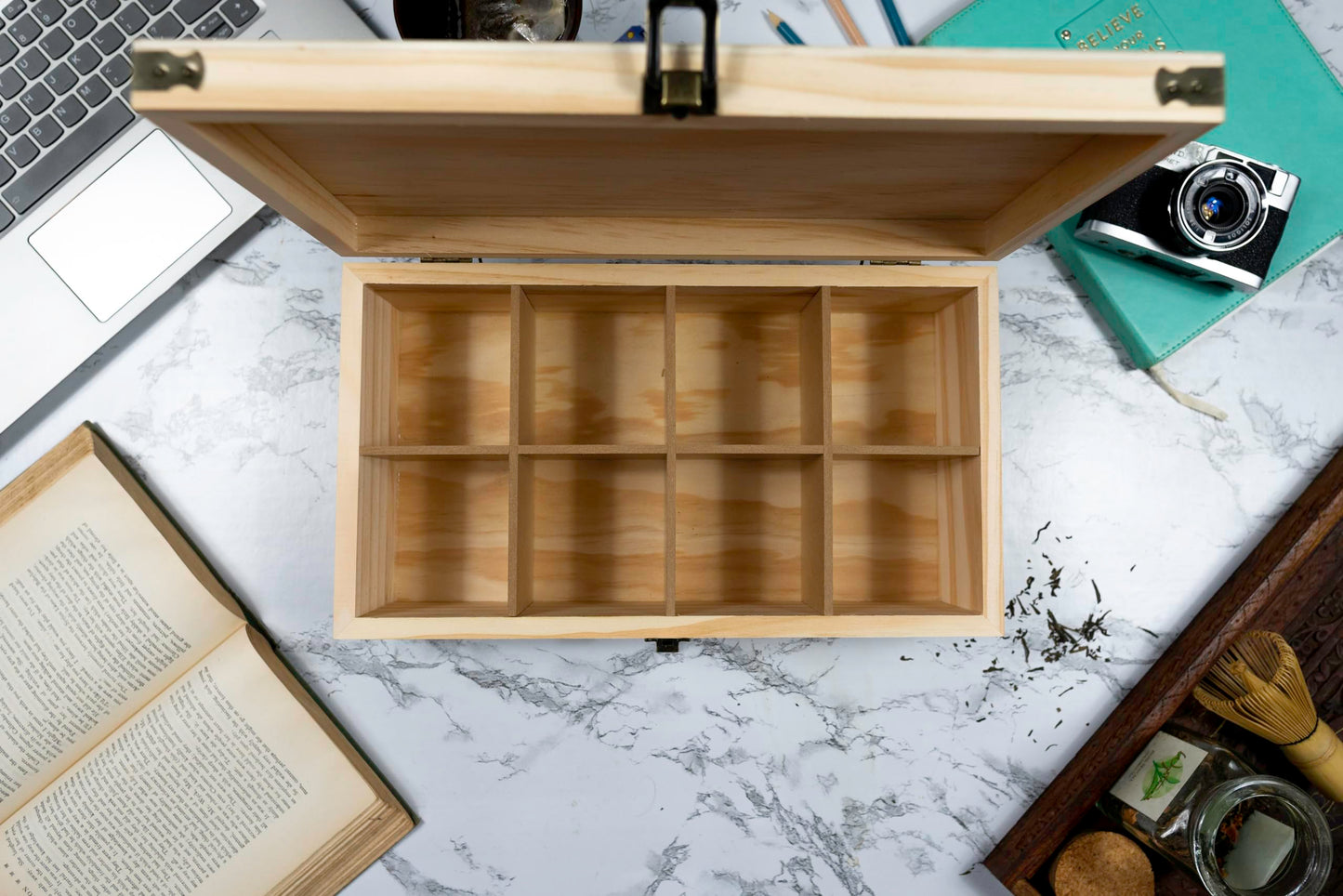 Zen Earth Inspired Large Wooden Tea Organizer Box, Big 14" Pine Storage Chest | 8-Slot Tall, Adjustable Shelves | 100% Handmade Craft Eco-Friendly Natural Décor