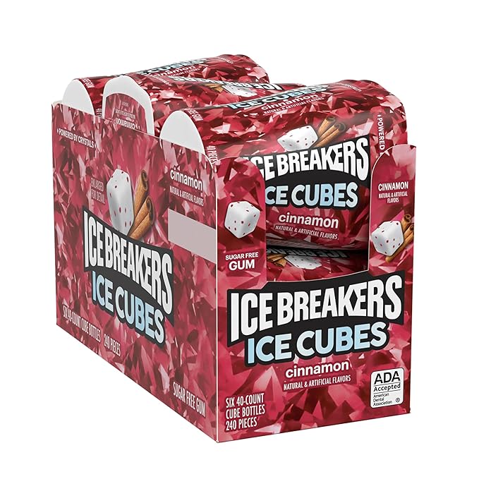 ICE BREAKERS Ice Cubes Cinnamon Flavored Sugar Free Chewing Gum Bottles, 3.24 oz (6 Count, 40 Pieces)