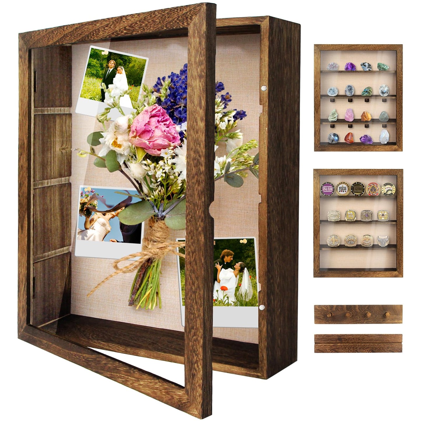 YEPOTUE Shadow Box Frame 11x14, Deep Shadow Box Display Case with Linen Back and Removable Shelves, Wooden Memory Box for Wedding Bouquet, Photos, Medals, Keepsakes (Brown)