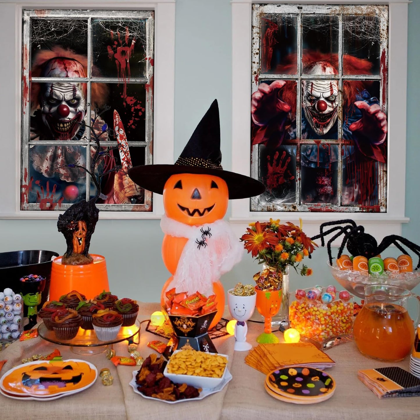 Hxezoc 2 Pack Halloween Window Decorations Scary Spooky Clown Window Backdrop Poster for Halloween Window Door Wall Cover Decoration Supplies