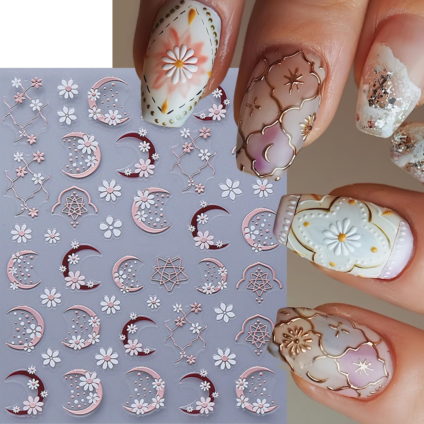 6 Sheets Daisy Moon Nail Art Stickers Flower Nail Stickers White Flower Nail Decals Cute Daisy Nails Supplies Gold Rose Gold Moon Daises Nail Design for Spring Summer DIY Nail Decorations Accessories