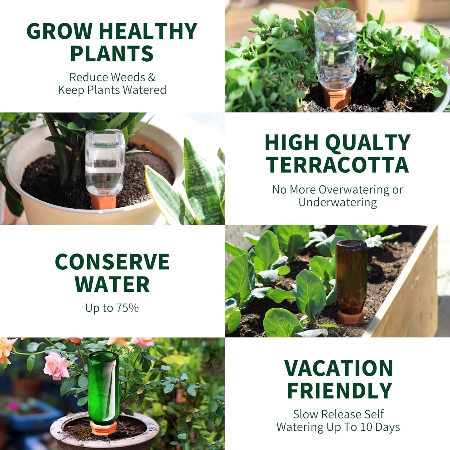 Soilagua Terracotta Watering Spikes, Wine Bottle Watering Stakes, Slow Release Self Watering Planter Insert for Out | Indoor Plants, Vacation Plant Watering Devices, Automatic Plant Waterer, 4-Pack