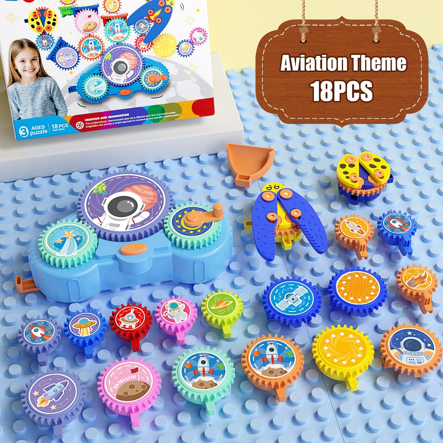 Fivoro STEM Gears Toys for Kids Ages 3+, Creative Learning Building Blocks, 18Pcs Educational Construction Toy Set, Electric & Manual Dual Mode, Versatile Gear Playset Gift for Boys & Girls