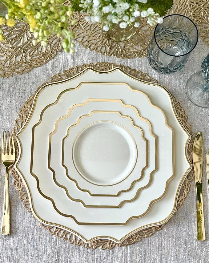" OCCASIONS " 40 Pieces 13.25'' Scalloped Disposable/Reusable Plastic Charger Plates for Wedding, (Scalloped Imperial Ivory & Gold)