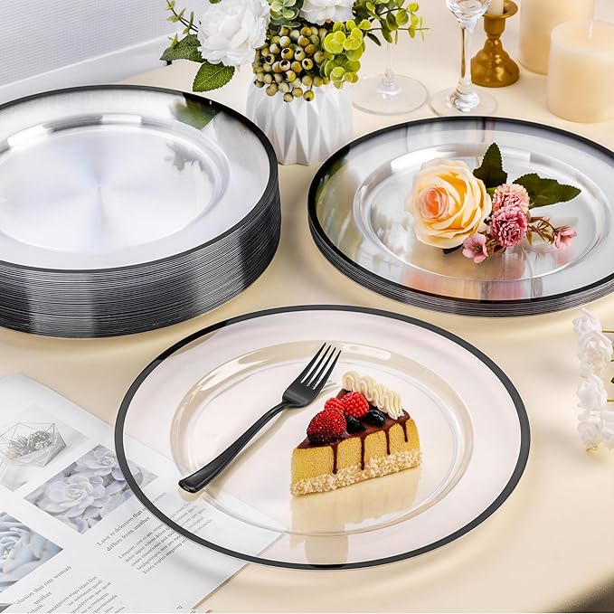 BESTSTAR 12 Inch Disposable Decor Charger Plates, 15 Pack Plastic Clear Plates with Gold Rim, Perfect Table Decor for Party, Wedding, Dinner