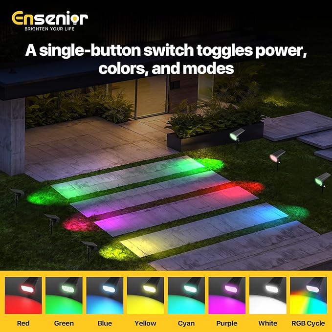 Ensenior Solar Spotlights Outdoor RGB, 7+1 Color Changing Mode Outdoor Landscape Lighting, IP65 Waterproof, Automatic ON/Off Solar Powered Spotlight, Halloween Christmas Decorations (6-Pack)