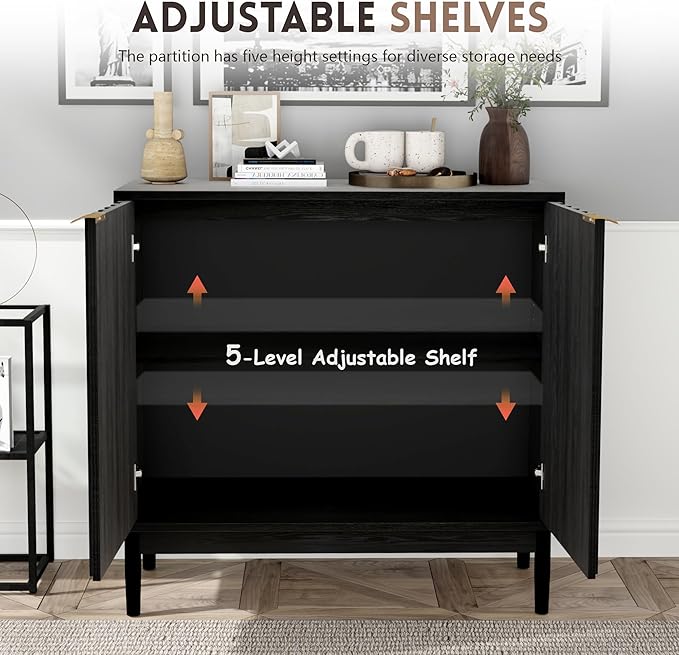 Fluted Cabinet with Storage, Buffet Cabinet Sideborad with Door, Kitchen Buffet Storage Accent Cabinets with Adjustable Shelves for Living Room, Entry, Hallway, Black