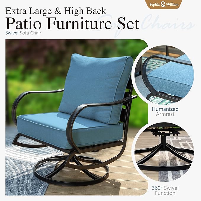 Sophia & William Patio Furniture Sets for 7 Outdoor Conversation Set 7 Pcs with 2 x Swivel Sofa Chairs, 2 x Armrest Chairs, 1 x 3-Seat Sofa, 2 x Ottomans for Coffee Garden Backyard Poolside Navy