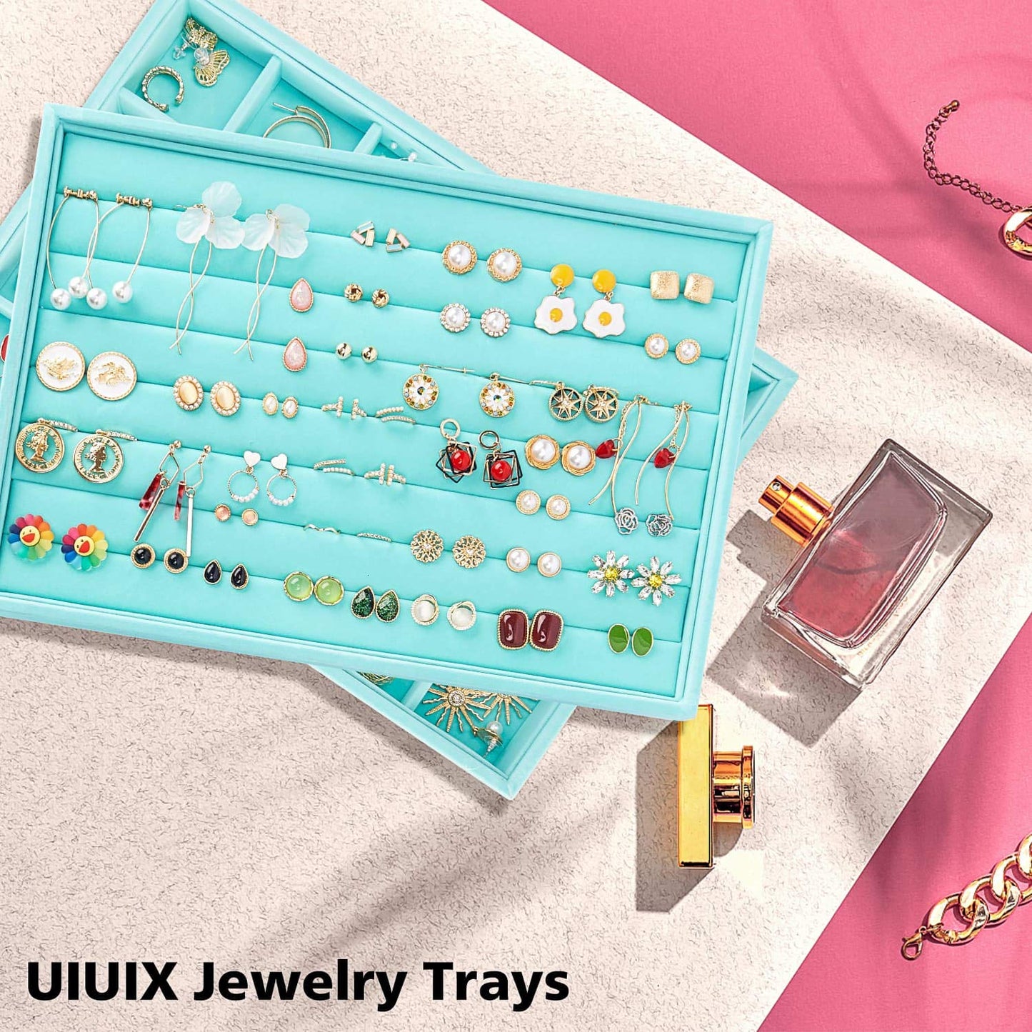 UIUIX Stackable Velvet Jewelry Trays Organizer for Drawer, Velvet Jewelry Storage Display Trays, Earring Necklace Bracelet Ring Organizer, Set of 4 (Blue)