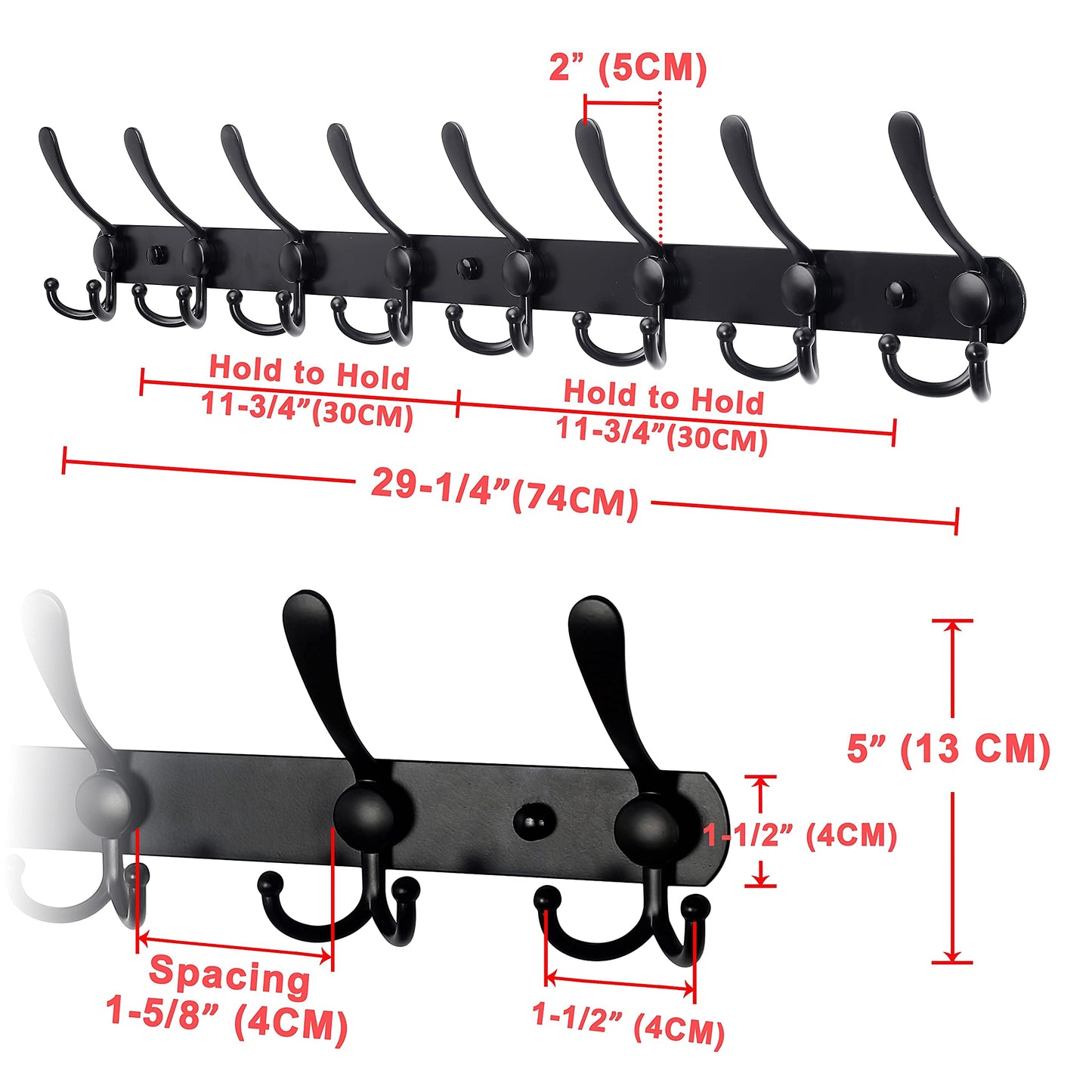 Dseap Coat Rack Wall Mount - 29.5” Long 8-Tri-Hooks Heavy Duty Coat Hanger Rail Wall Hooks for Hanging Coats Hats Clothing Clothes Purse Mudroom Entryway, Black