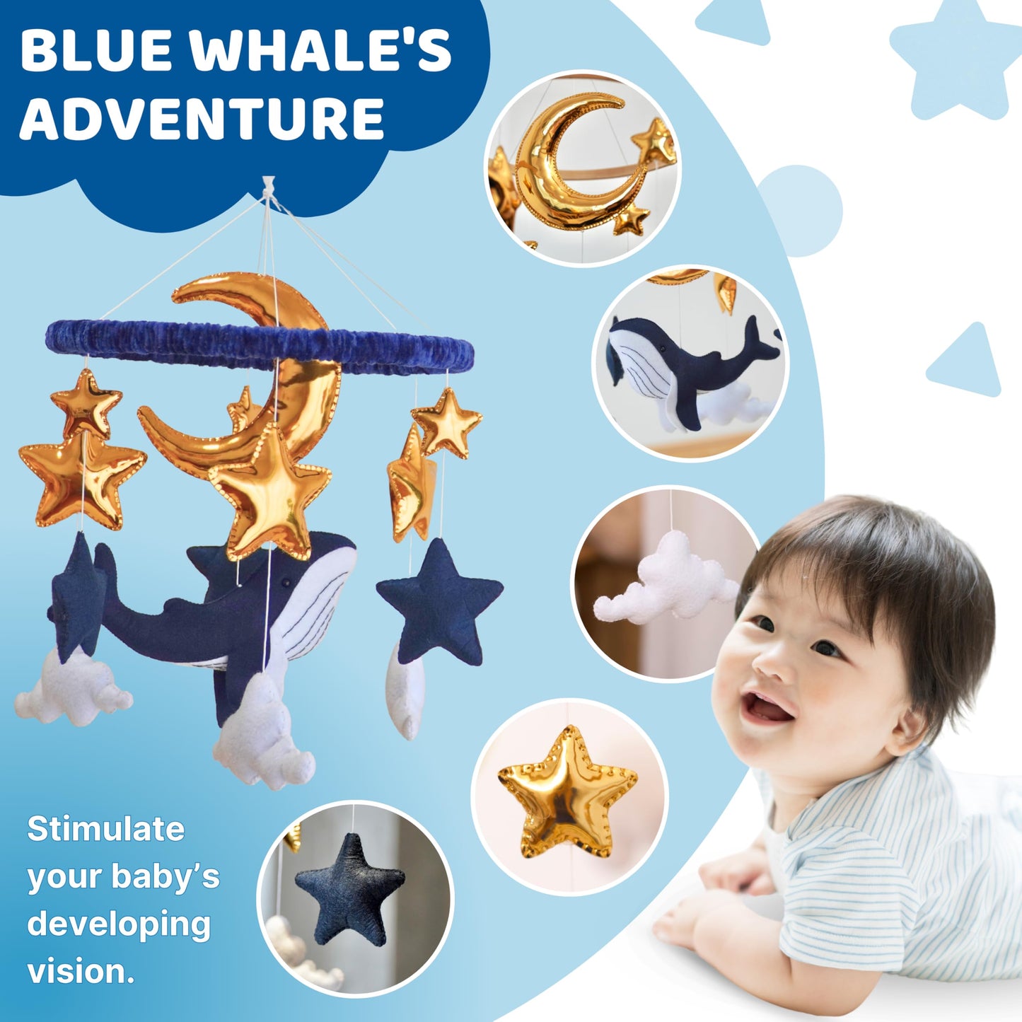 Whale Baby Mobile for Crib - Nautical Stars & Moon Crib Mobile for Boys - Rotating Musical Baby Boy Mobile with 12 Lullabies - Navy Blue Nursery Decor Gift