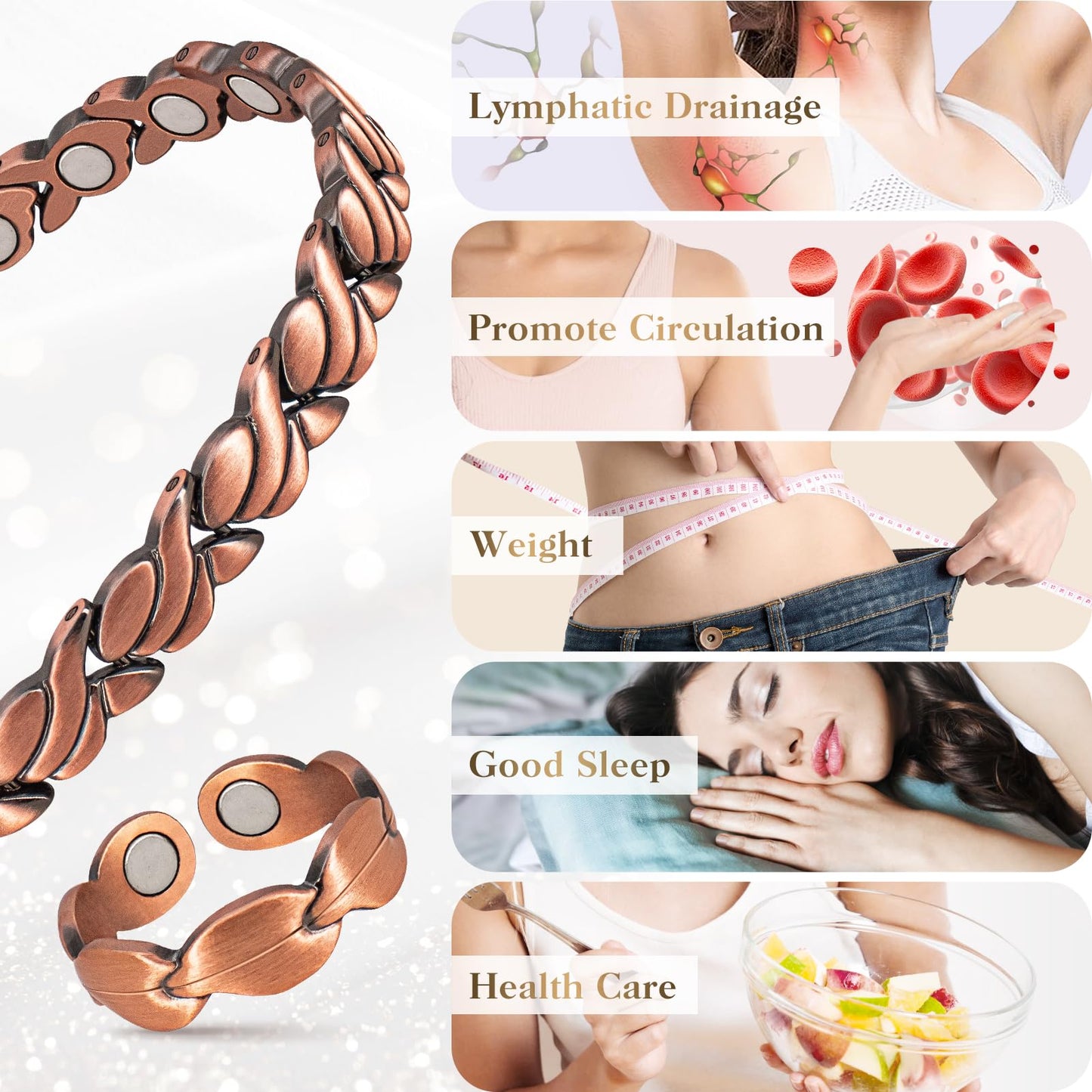 Copper Bracelets for Women Arthritis Lymph Detox Magnetic Bracelet, 100% Solid Pure Copper Bracelet with 3500 Gauss Magnets & Leaves Copper Ring with Adjustment Tool…