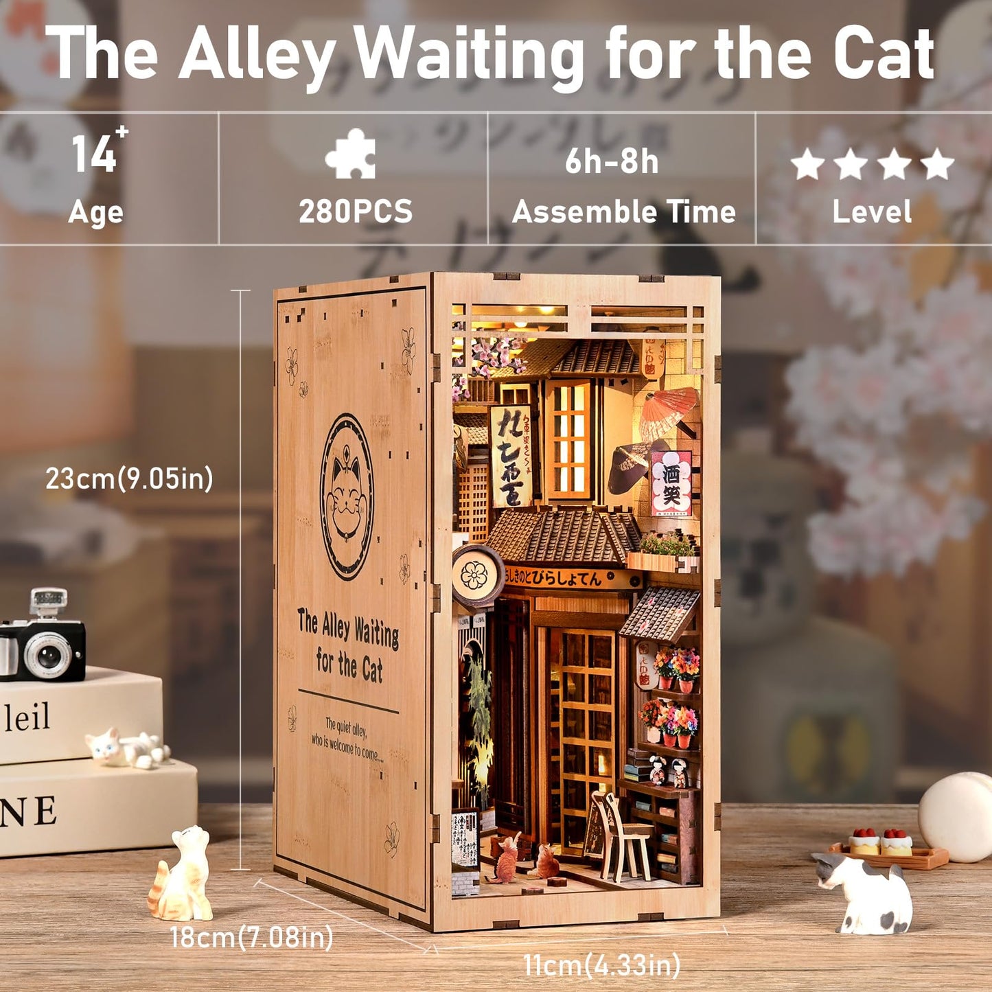Book Nook Kit, DIY Miniature House Kit for Adults and Teens, 3D Puzzle Tiny Dollhouse House Bookshelf Decor, Adult Crafts Booknook Gifts for Book Lovers (Cat Waiting Alley)