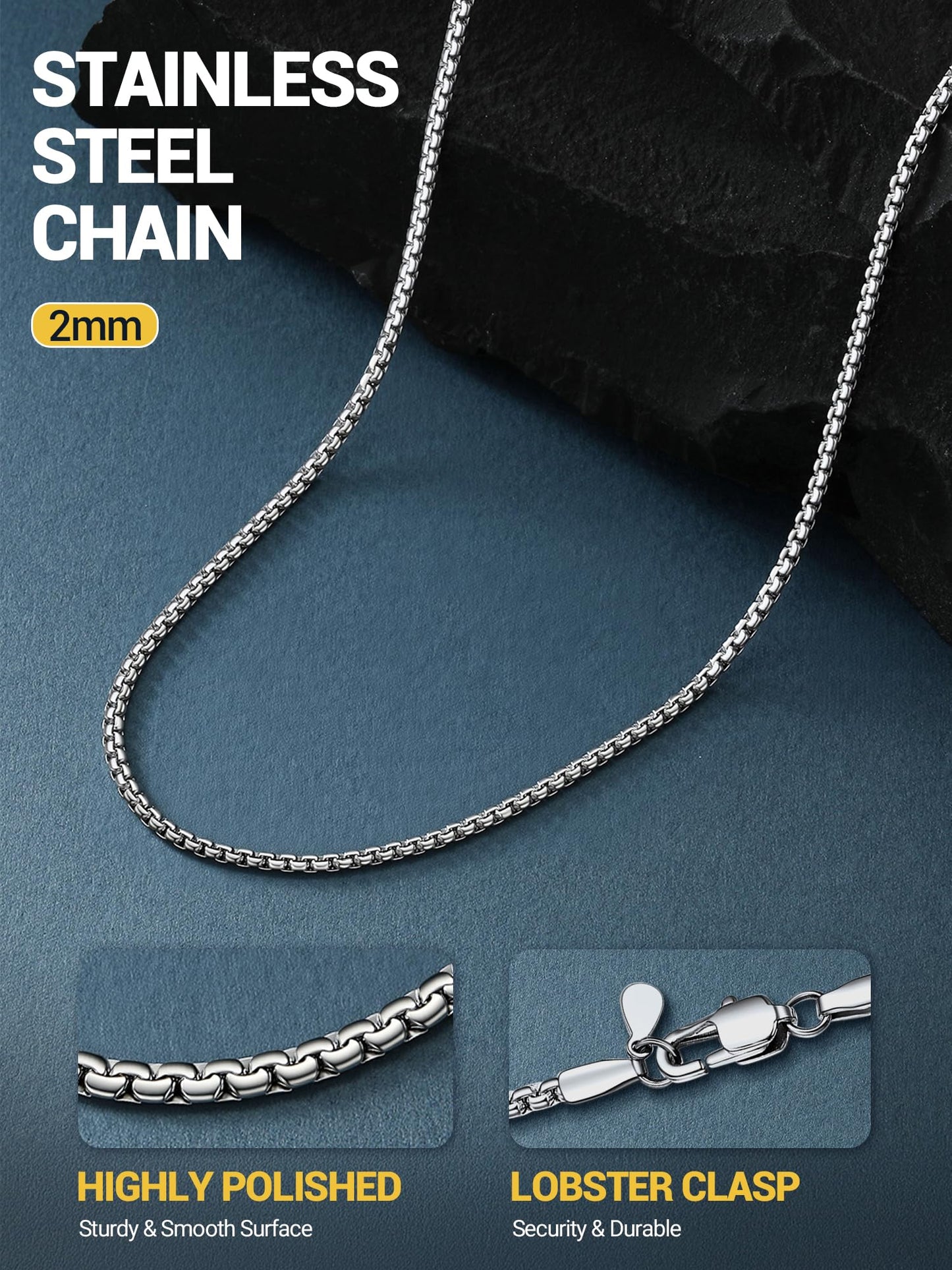 PROSTEEL Mens Chains Silver Stainless Steel Necklace for Men Flat Chain Sturdy and Durable 22inch