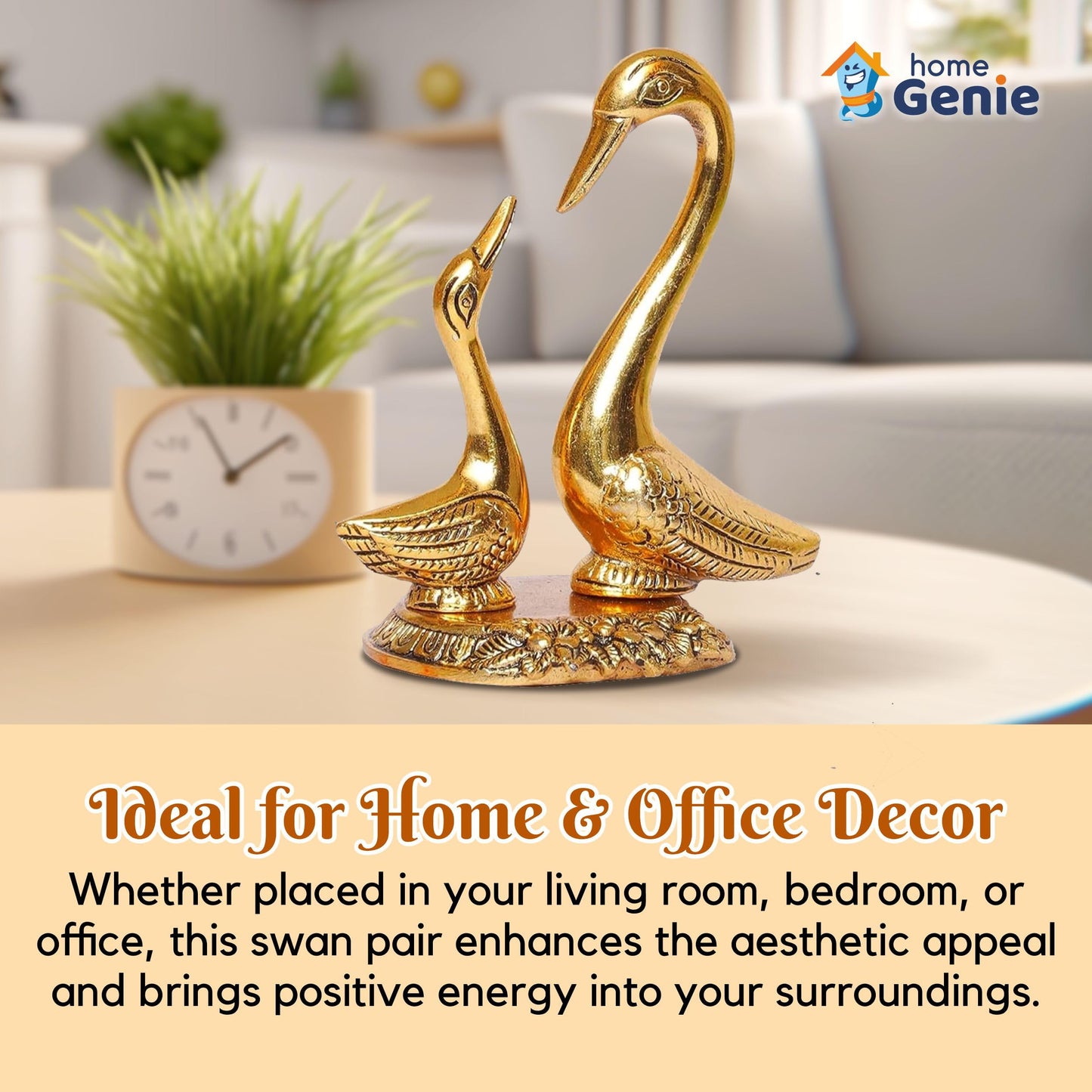 Home Genie "Golden Swan Pair Showpiece | Handcrafted Symbol of Love & Harmony | Elegant Home & Office Decor