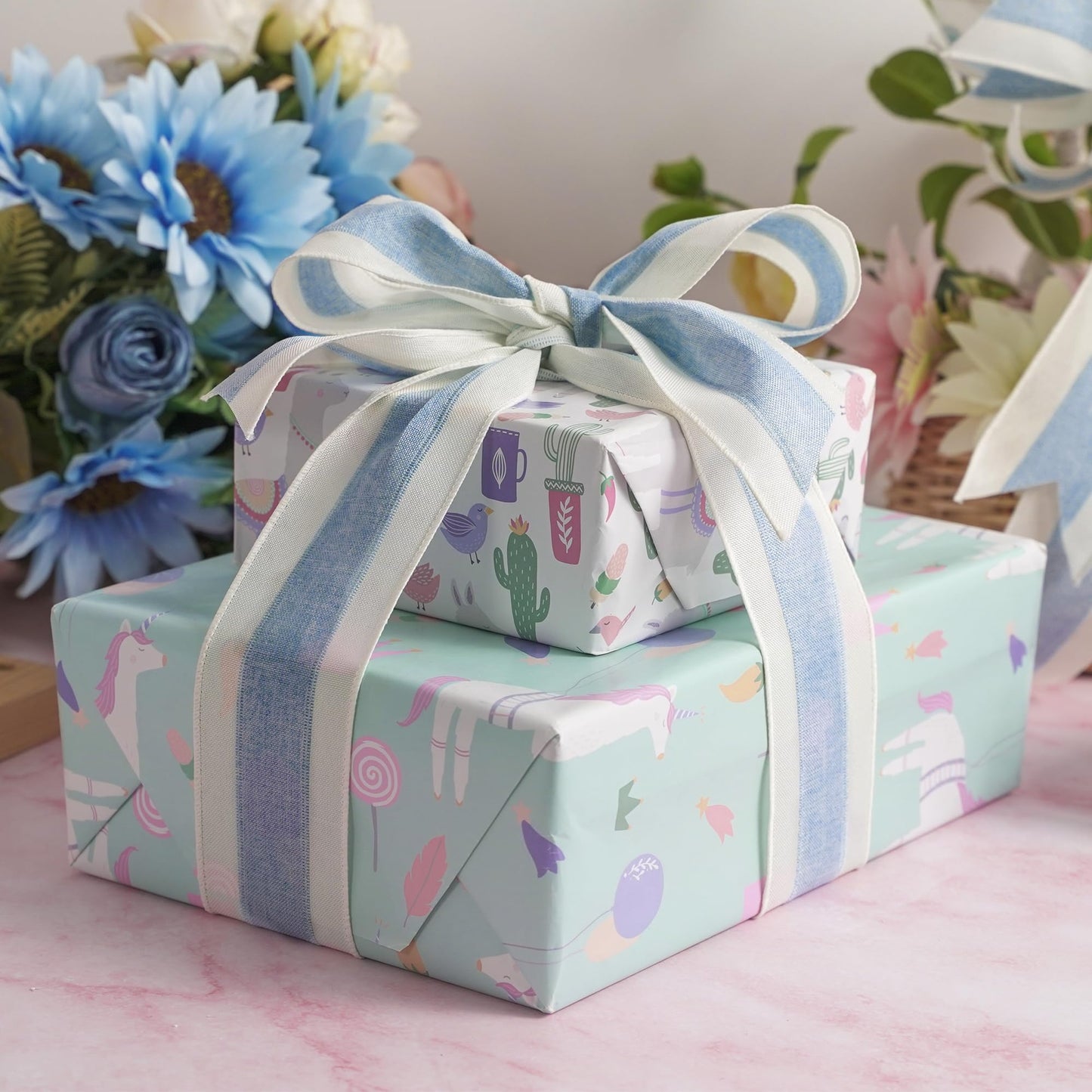 MEEDEE Blue and White Stripe Ribbon Wired 2.5 Inch Light Blue Burlap Ribbons with Ivory Stripe Edge Wreath Supplies, Baby Shower Decorations, Crafts Bow Making (10 Yards)