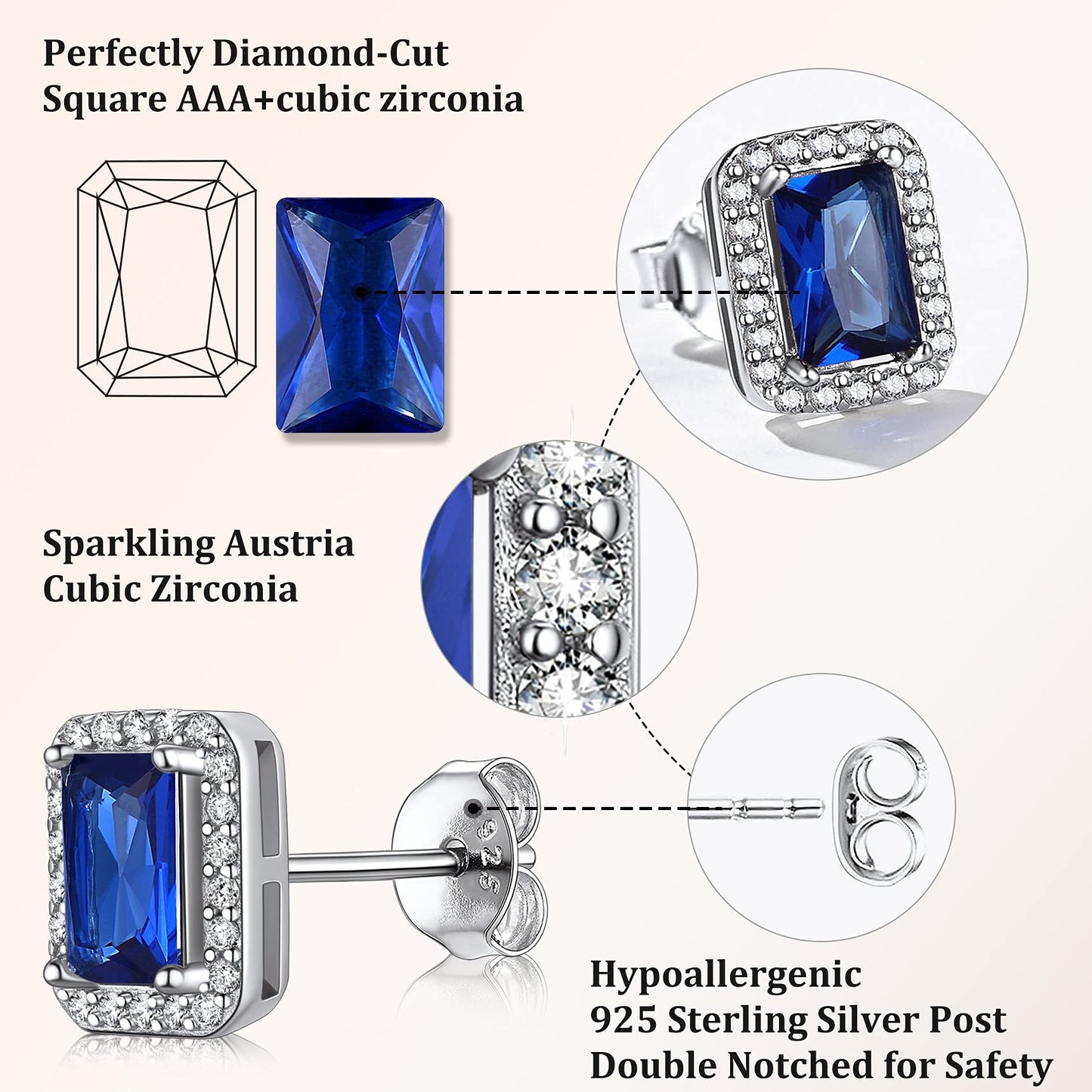 Bestyle Adorable September Sapphire Birthstone Stud Earrings 925 Sterling Silver CZ Square Gemstone Studs Earrings Great Birthday Gift for Wife/Mom/Grandma