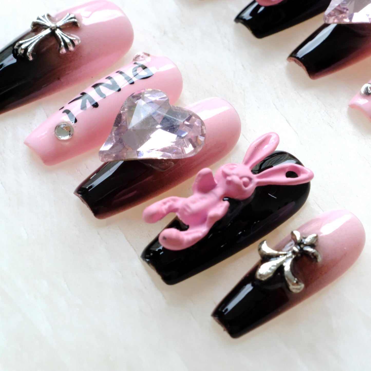 GLORS Luxury long Long Ballerina Press-On Nails, Pink and Black Gothic Design with 3D Bunny and Diamond Heart, Handmade False Nail 10 Pieces (Small, LS)