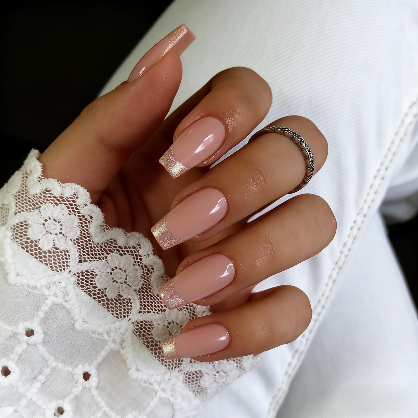 SXVME Press On Nails Long Square - Chrome Gold French Tip Press on Nails with Glue for Women, Natural Pink Fake Nails Press ons, Glazed Shiny Glue on Nails Coffin, Reusable Nail Stick Ons, 30 Pcs