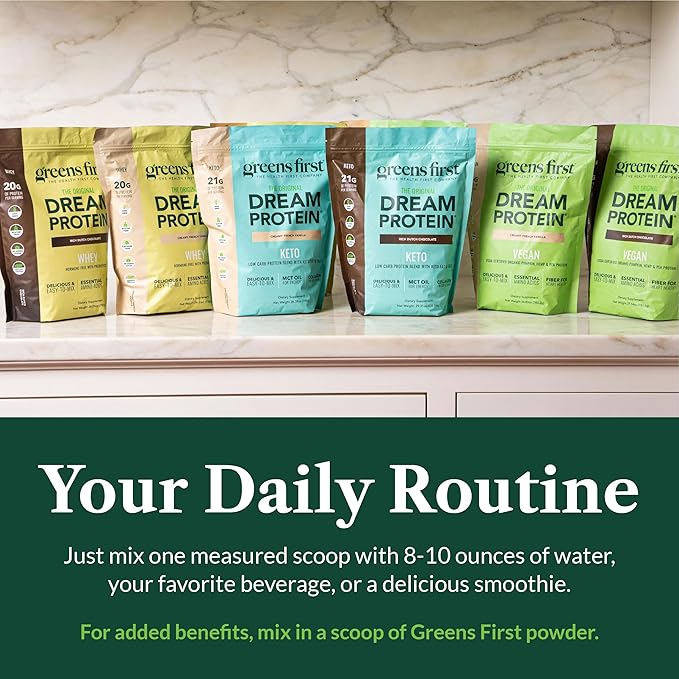 Greens First Dream Protein Powder Whey - 20g Protein Per Serving - Hormone-Free with Prebiotics - Non-GMO - No Artificial Sweeteners/MSG/Aspartame (Creamy French Vanilla, 26.5 oz)