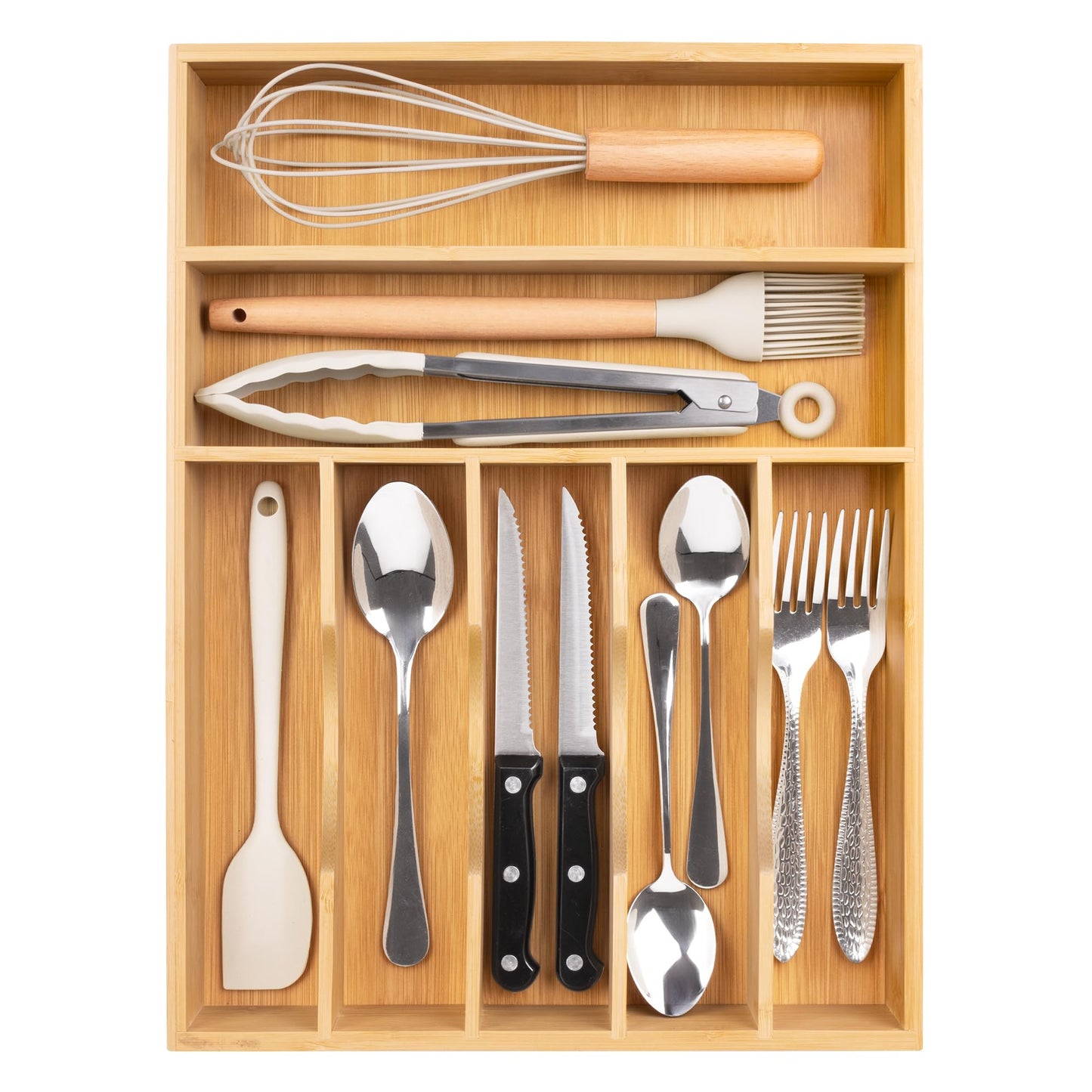 Bellsal Natural Utensil Organizer 12.5 Inch Silverware Organizer for Drawer Utensil Holder Cutlery Organizer Kitchen Drawer Organizer 7 Compartment Small Narrow Bamboo