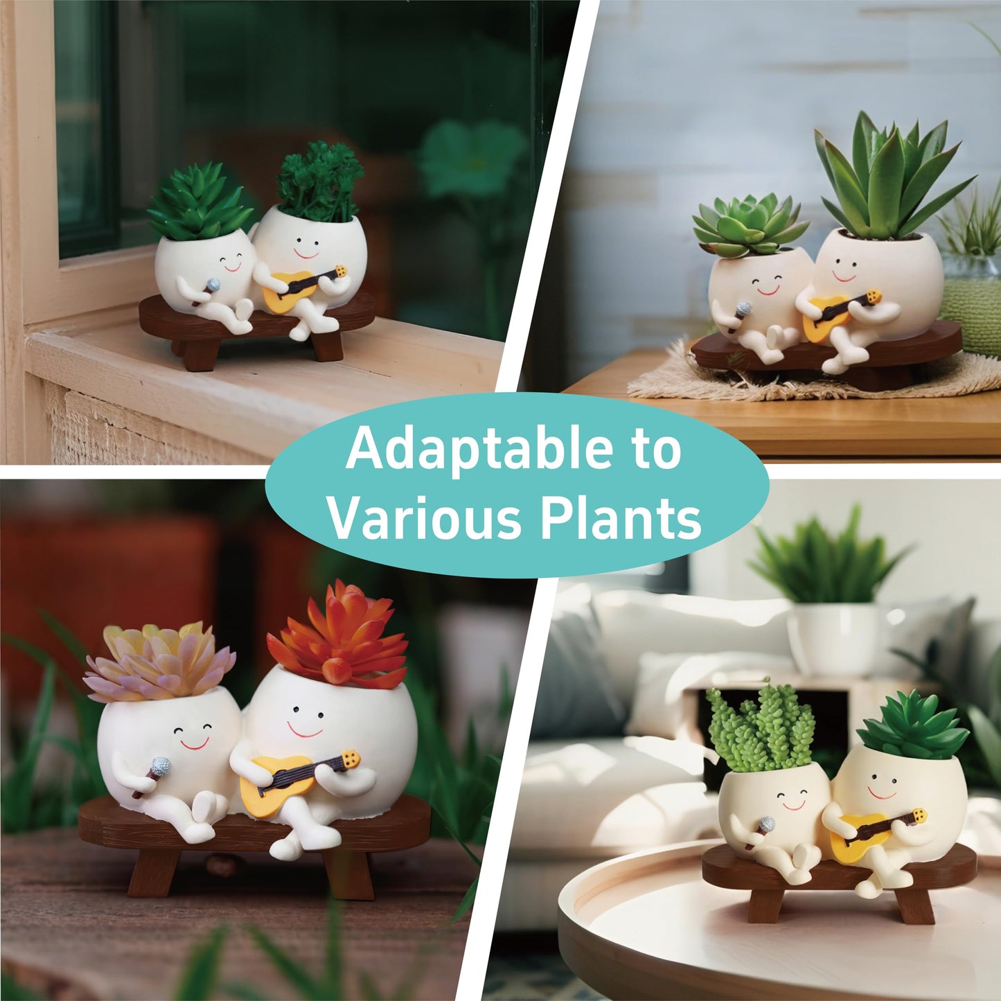 yiilead Smiley Face Planter Pot,Unique Double Head Guitar Singing Planter,with Drainage Hole Resin Cute Plant Pot,for Indoor Outdoor Plants
