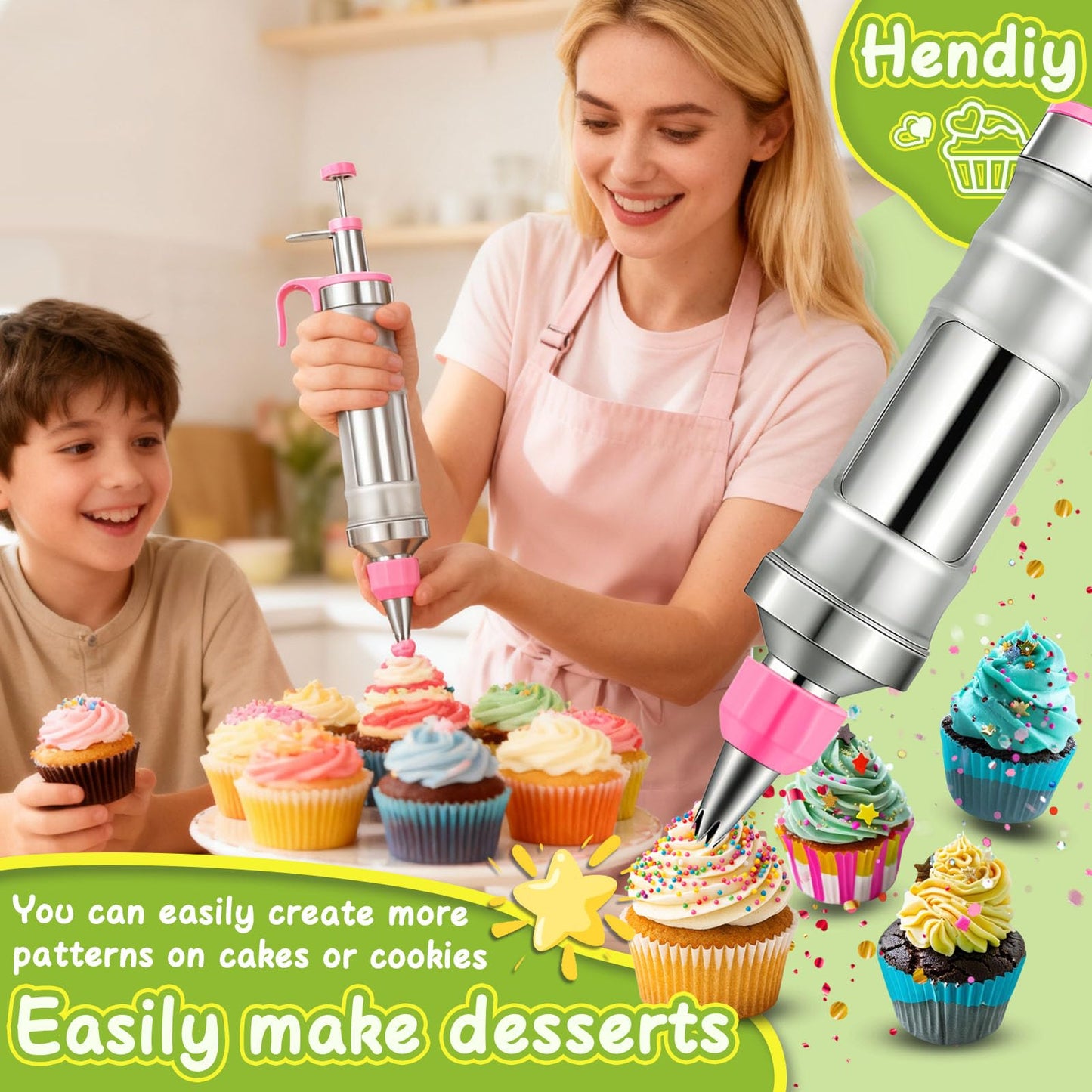 Hendiy Dessert Decorating Syringe Set, Frosting Piping Kit Stainless Steels Cake Decorating Kit with 6 Piping Tips & 9 silicone cupcakes, Cupcake Decorating Kit Piping Bags and Tips Set