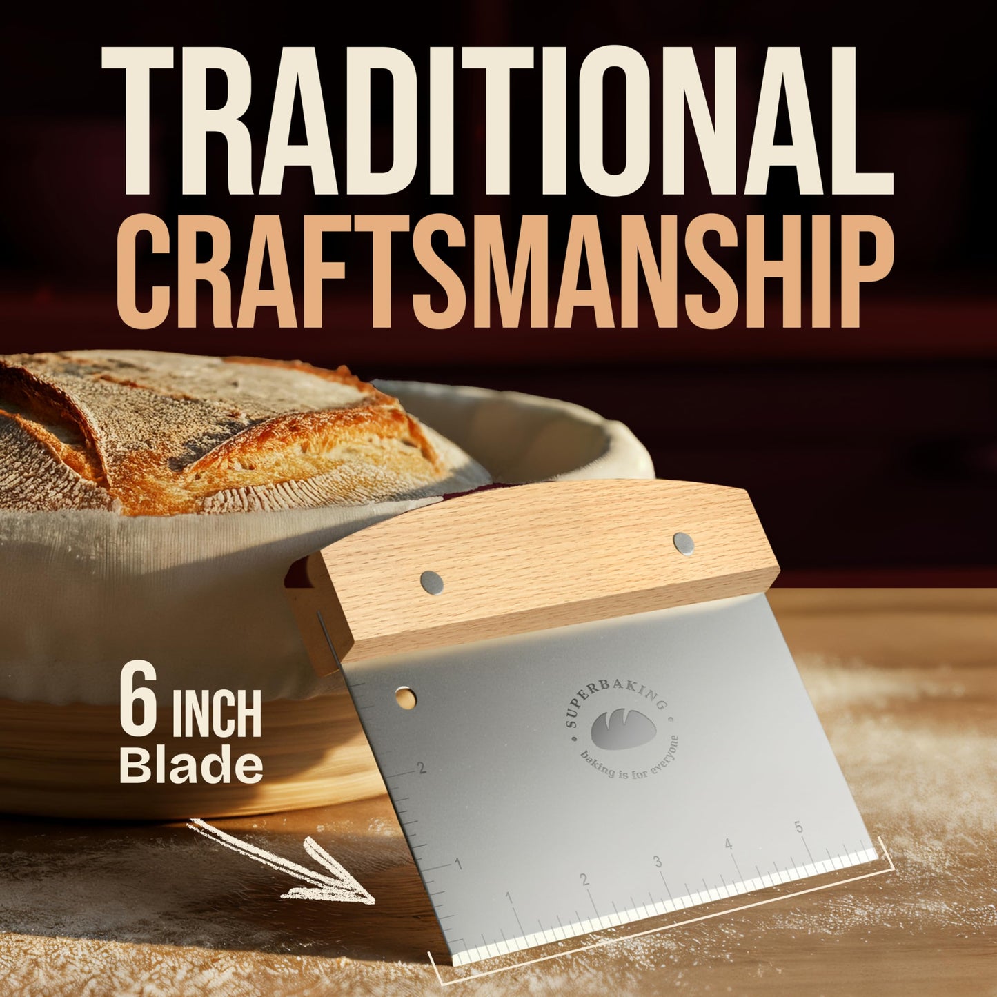 Superbaking Dough Scraper - 6" Bench Scraper - Dough Cutter with Ruler - Pastry & Cake Scraper - Kitchen Tools Sourdough Baking Supplies - Bread Making Tools & Accessories for Home Bakers
