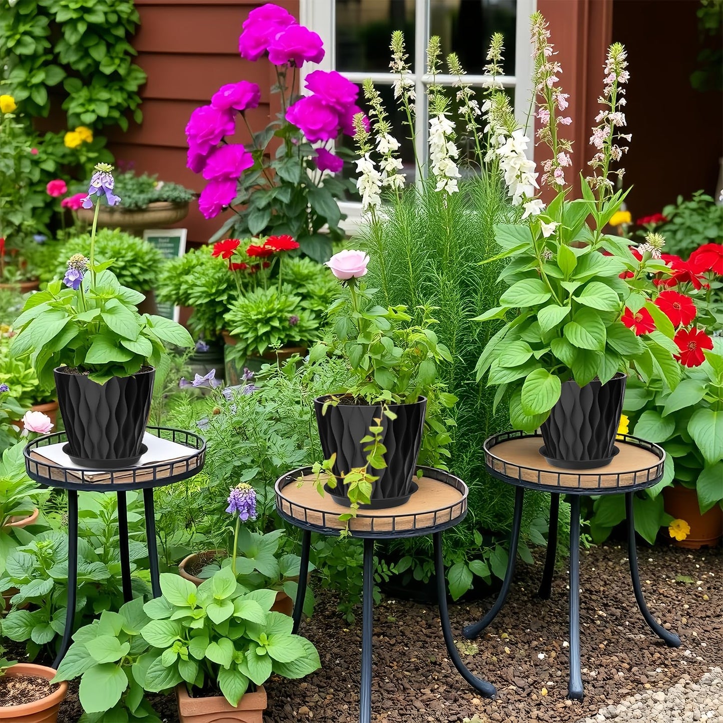 zople 6 Pack 7 Inch Plant Pots with Drainage and Saucers, Black Plastic Flower Pots for Indoor and Outdoor Plants, Stackable Nursery Planters for Houseplants and Herbs, Black
