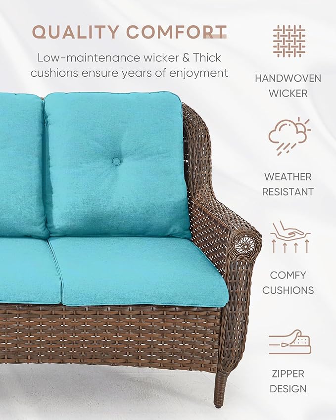 Patio Sofa Outdoor Wicker Couch - Heavy Duty All-Weather Brown Rattan 3-Seater with High Back and Comfortable Thick Cushions for Garden Back Porch Poolside Apartment - Turqoise