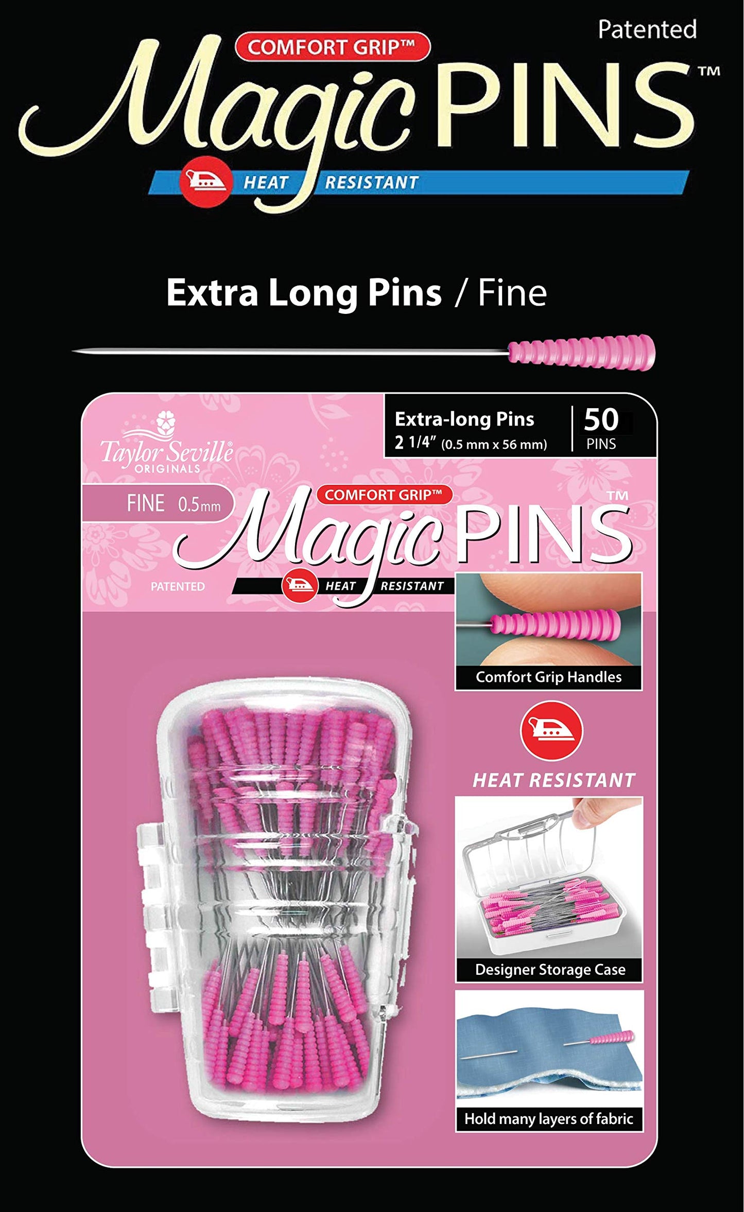 Magic Pins Extra Long Fine for Quilting, 50pc - Heat-Resistant, Sharp, and Comfort Grip, Ideal for DIY Sewing, Crafts, and Embroidery