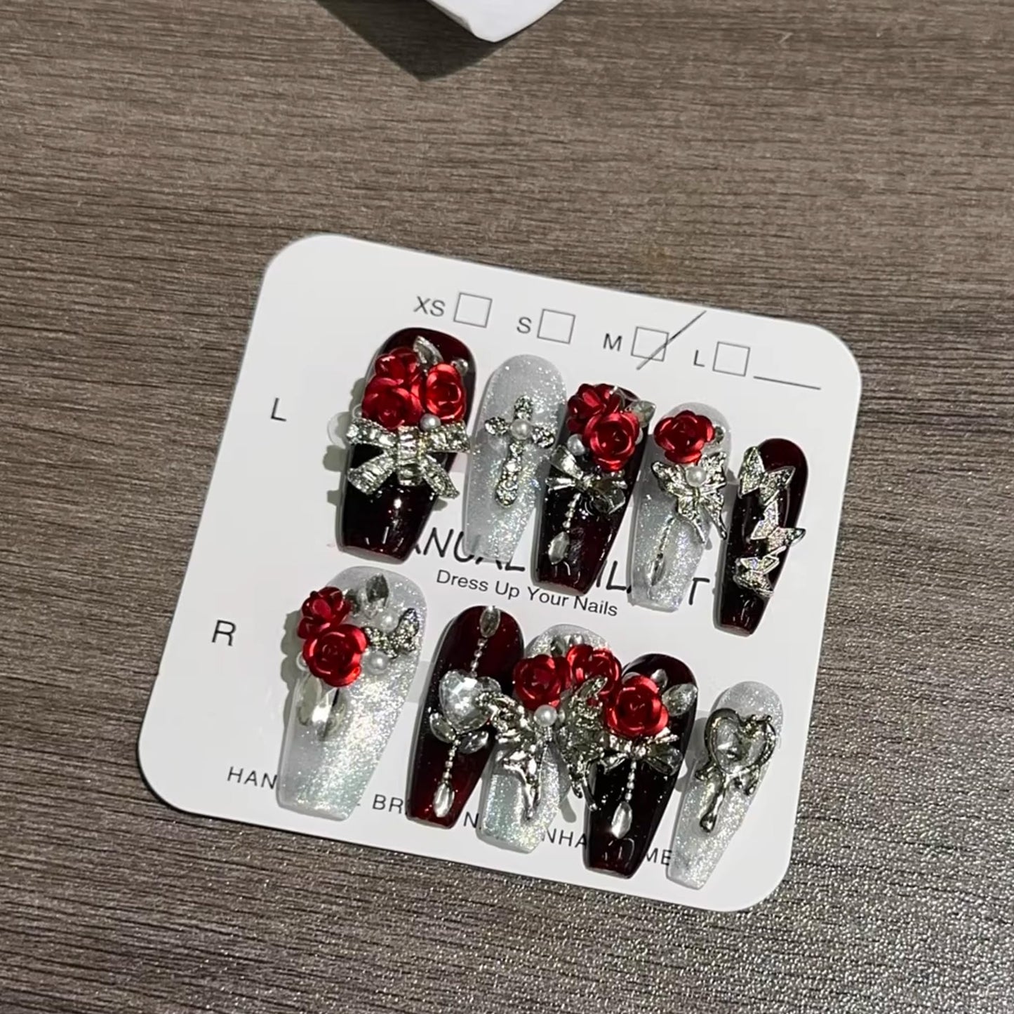 Handmade Press on Nails 10 PCS Long Square 3D Rhinestones Rose & Butterflies Size M Handmade luxury Pearl Charm Layer Gel False Nails for Women(Black&Silver)