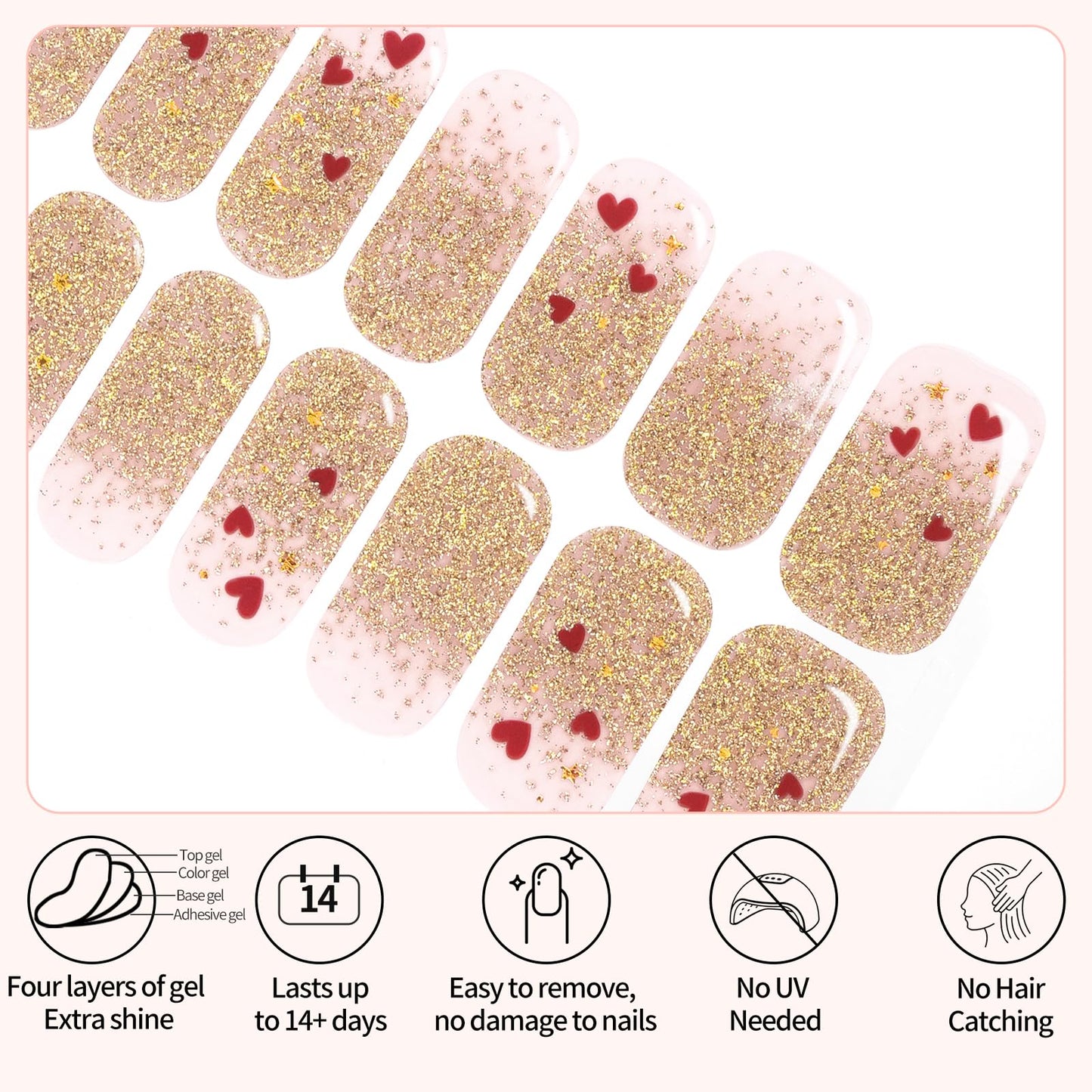 Semi Cured Gel Nail Strips -Nude Pink Glitter- Stylish Nail Wraps, No UV Light Needed, Effortless Application & Removal, Salon Quality, Includes 16 Wraps, 1 Prep Pad, Wooden Stick & Nail File