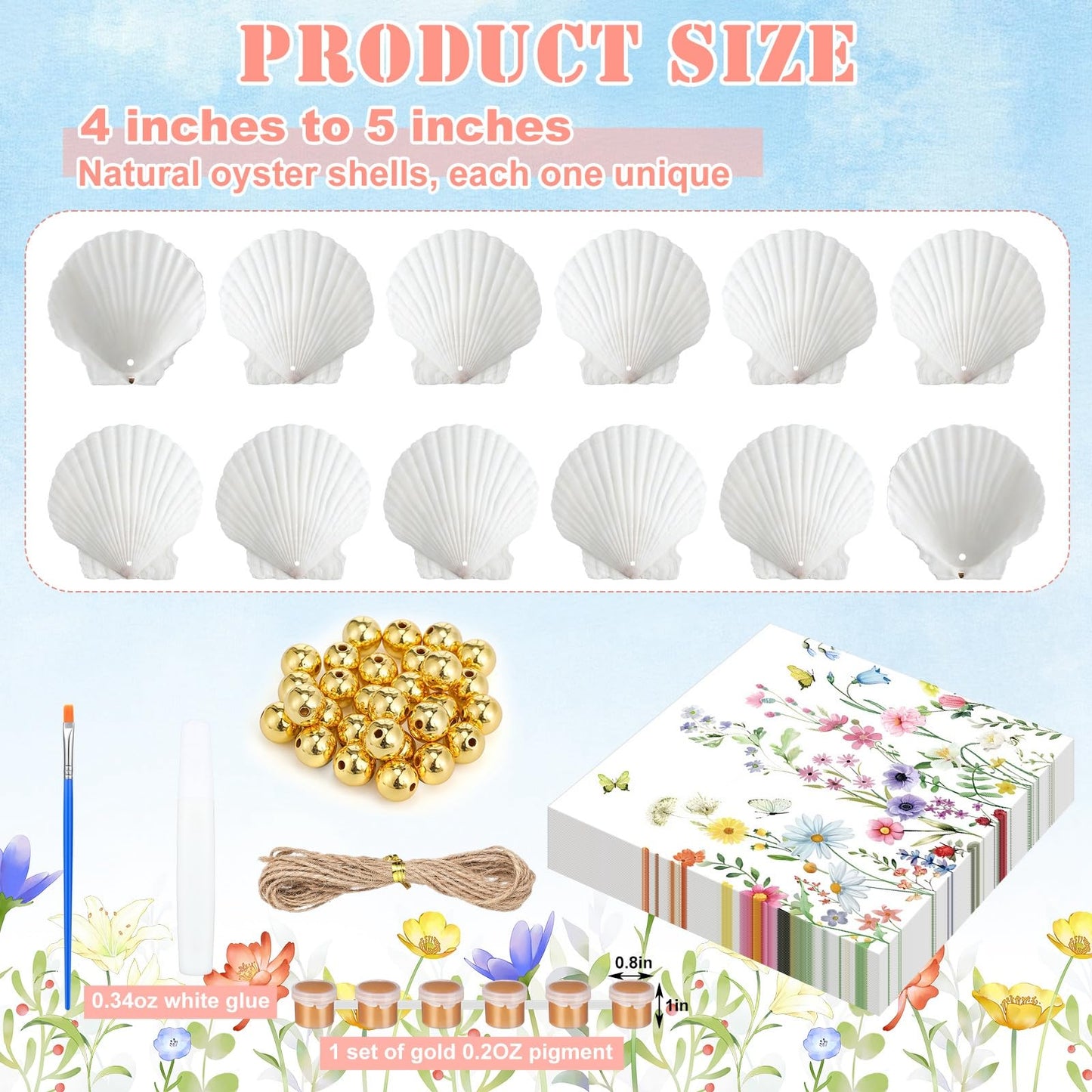 Gilprop 12 Pcs Large Scallop Shells for Shells Crafts 4''-5''with 24 Pcs Spring Wildflowers Decoupage Paper Napkin Acrylic Paint Strips Brushes Gold Bead for DIY Ornament Jewelry Tray